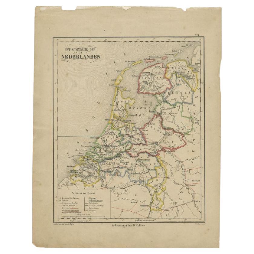 Antique Map of the Netherlands by Brugsma, c.1870 For Sale