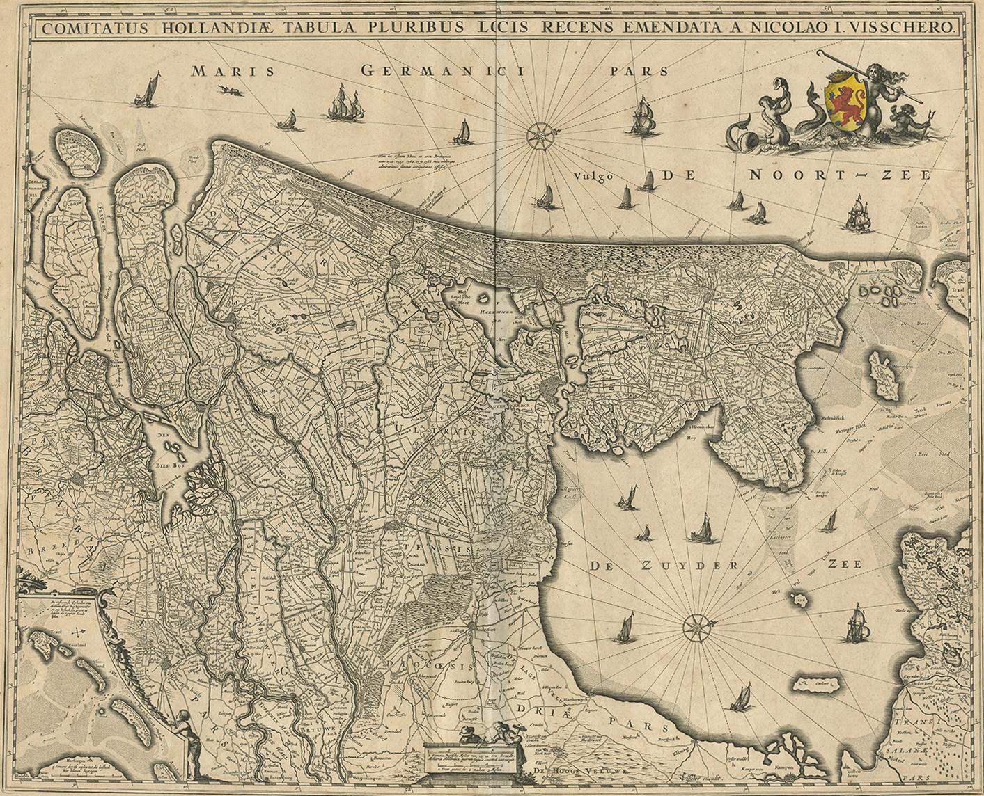 Antique map titled 'Comitatus Hollandiae Tabula Pluribus Locis Recens Emendata a Nicolao I. Visschero'. West to the top. Lower left inset of the Wadden Islands, Texel, Vlieland, Terschelling and part of Ameland. This map originates from 'N.
