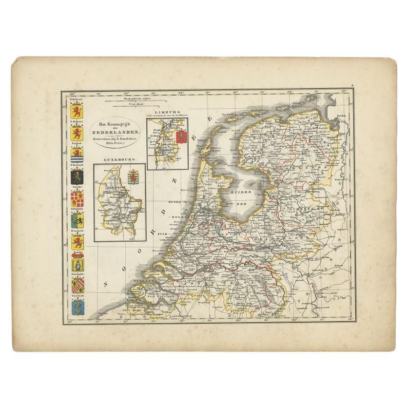 Carte ancienne des Pays-Bas par Petri, 1852 en vente