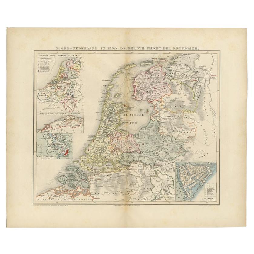 Antique Map of the Netherlands in 1590 by Mees, 1854 For Sale