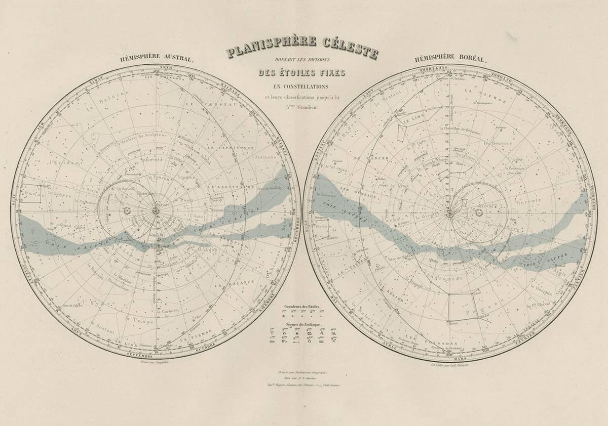 Antique Map of the Night Skies of the Northern and Southern Hemispheres, 1880