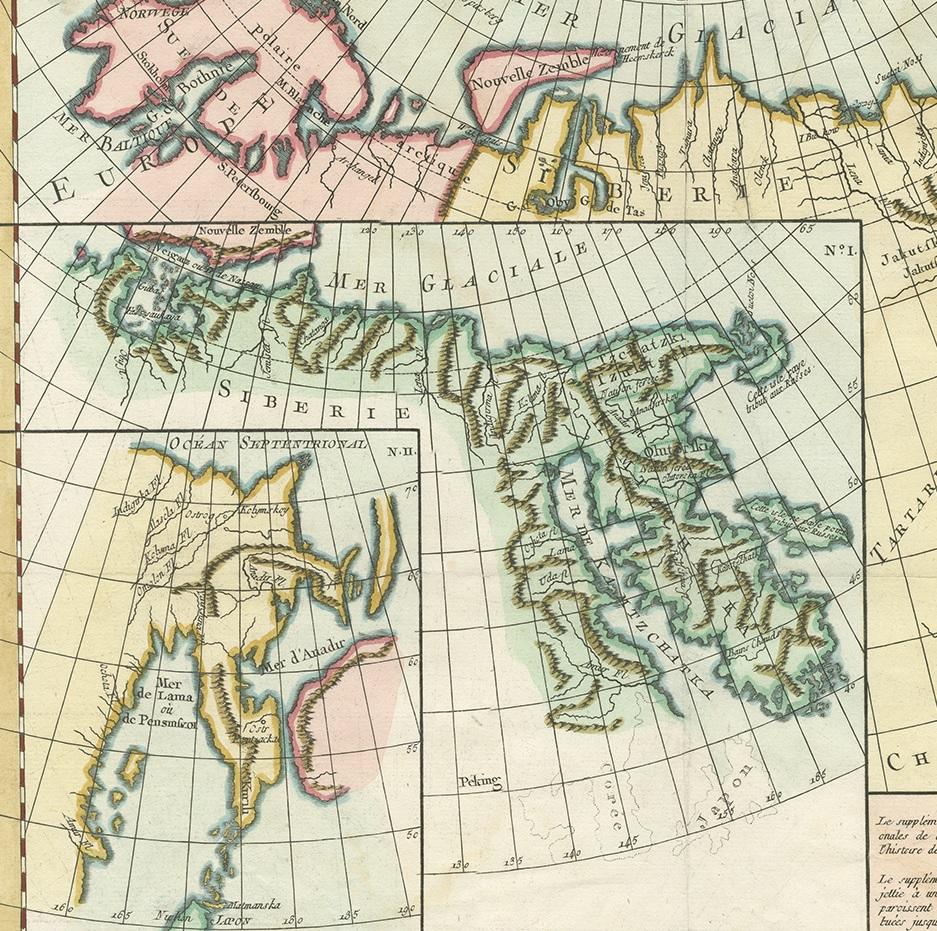 Antike antike Karte der Nord- und Ostküste Asiens von Vaugondy, um 1750 im Zustand „Gut“ im Angebot in Langweer, NL