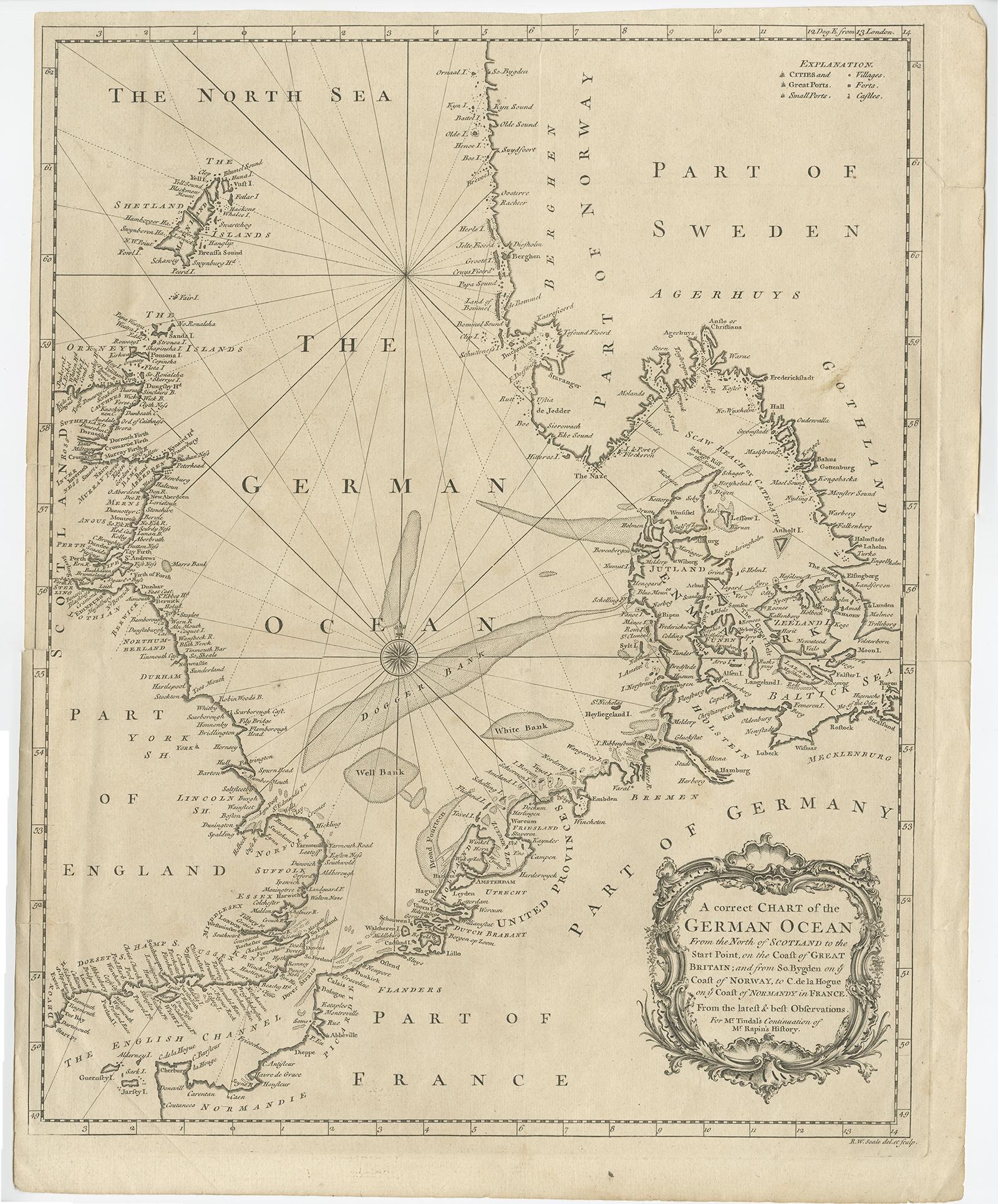 Antique map titled 'A correct Chart of the German Ocean from the North of Scotland to the Start Point, on the Coast of Great Britain; and from So. Bygden on ye coast of Norway, to C. de la Hogue on ye Coast of Normandy in France'. 

This map