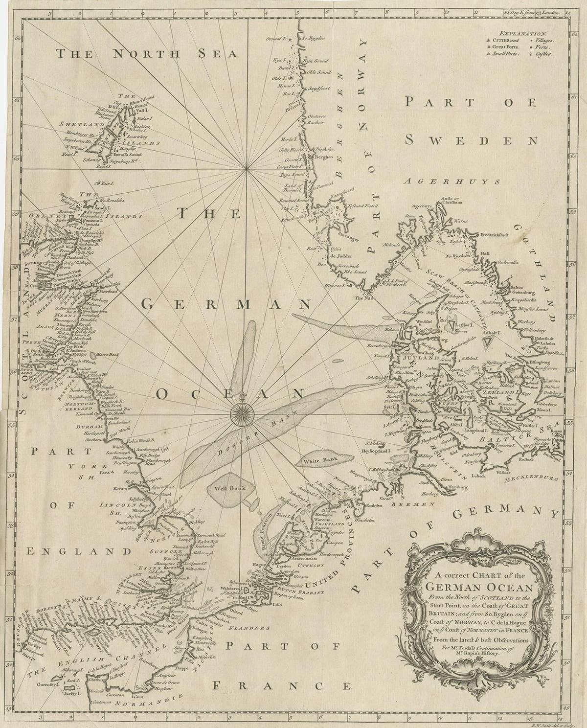 Antique Map of the North Sea From the English Channel to Norway & Sweden, 1746