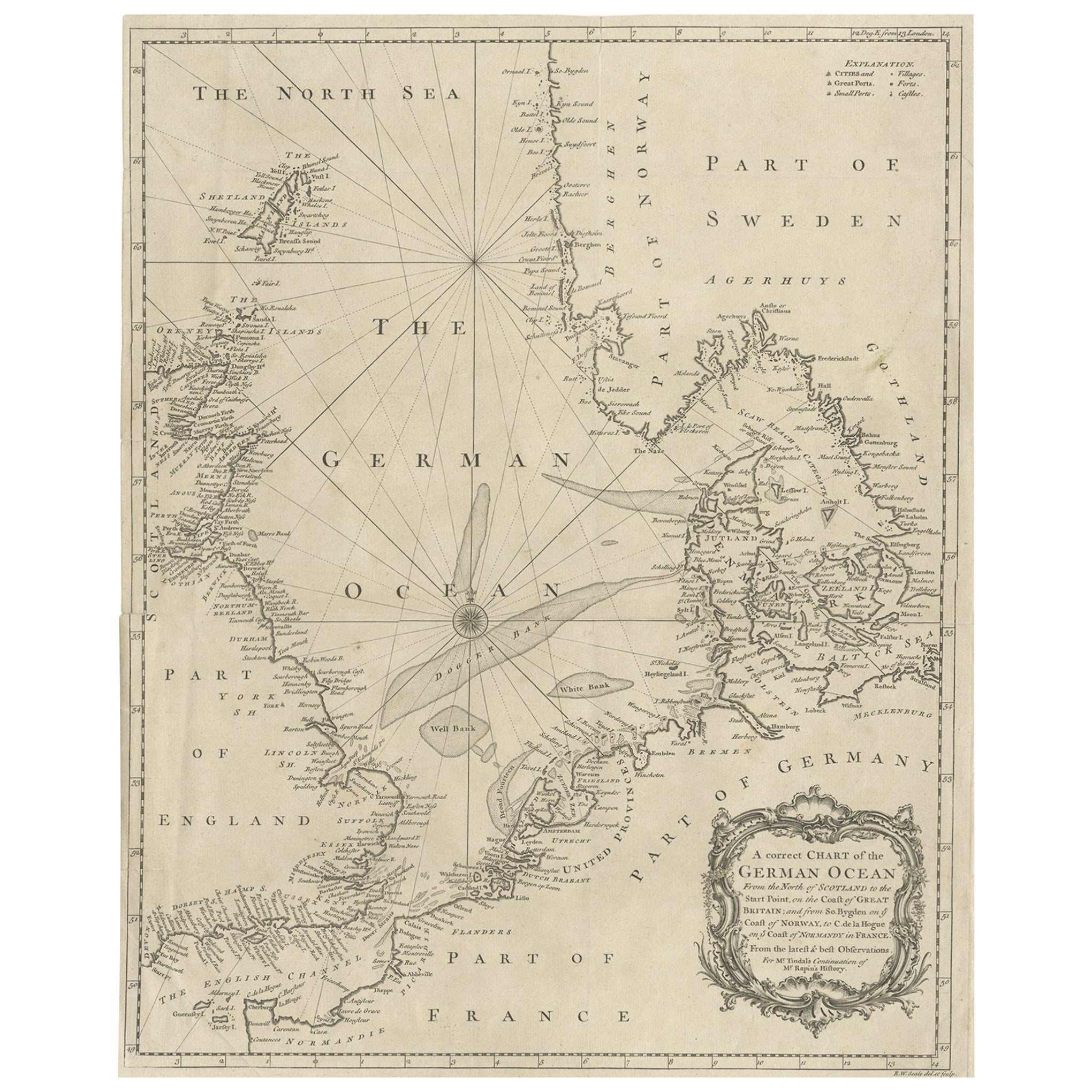Carte ancienne de la mer du Nord de la côte anglaise à la Norvège et à la Suède, 1746