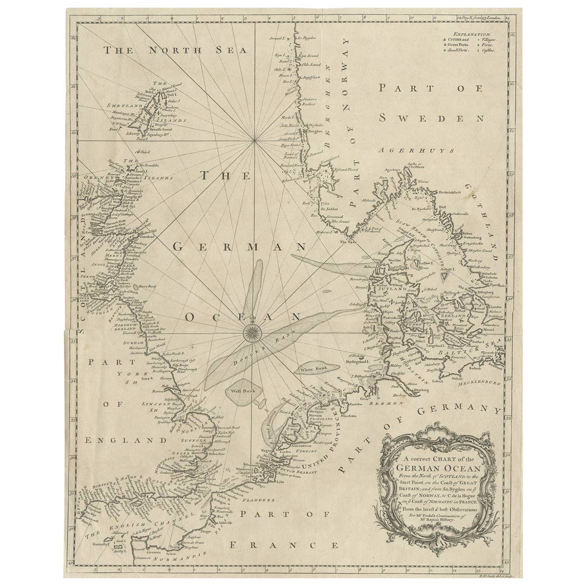 Antique Map of the North Sea From the English Channel to Norway & Sweden, 1746