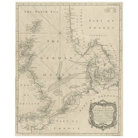 Antique Map of the North Sea From the English Channel to Norway & Sweden, 1746
