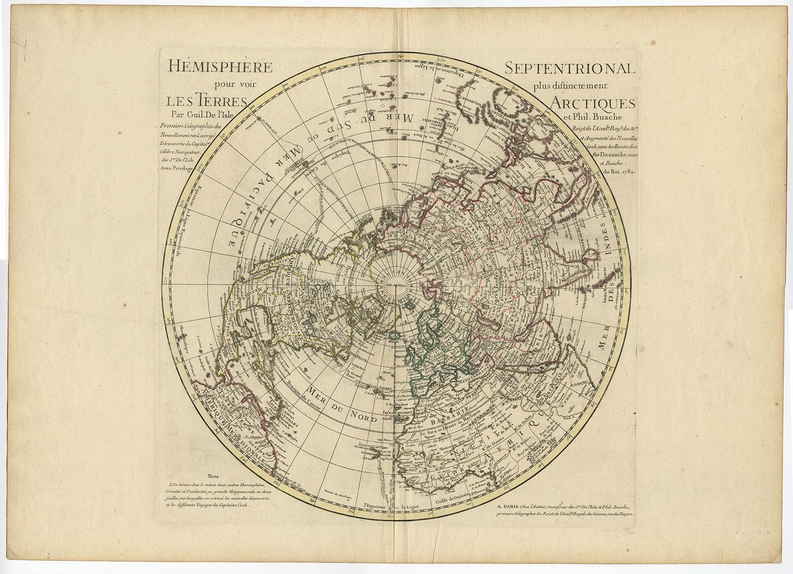 Antique map titled 'Hémisphère Septentrional pour voir plus distinctement les Terres Arctiques (..)'. 

Map of the Northern Hemisphere, originally published by Gulliaume De L'Isle in 1714 and revised and corrected on a regular basis by De L'Isle,