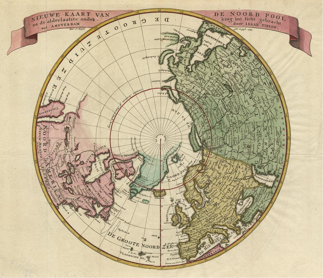 Antique map titled 'Nieuwe Kaart van de Noord Pool na de alderlaatste ondekking int licht gebracht'. Map of the Northern Hemisphere and North Pole, which shows the NE Passage, but no definite NW Passage. California is shown as an Island, along with