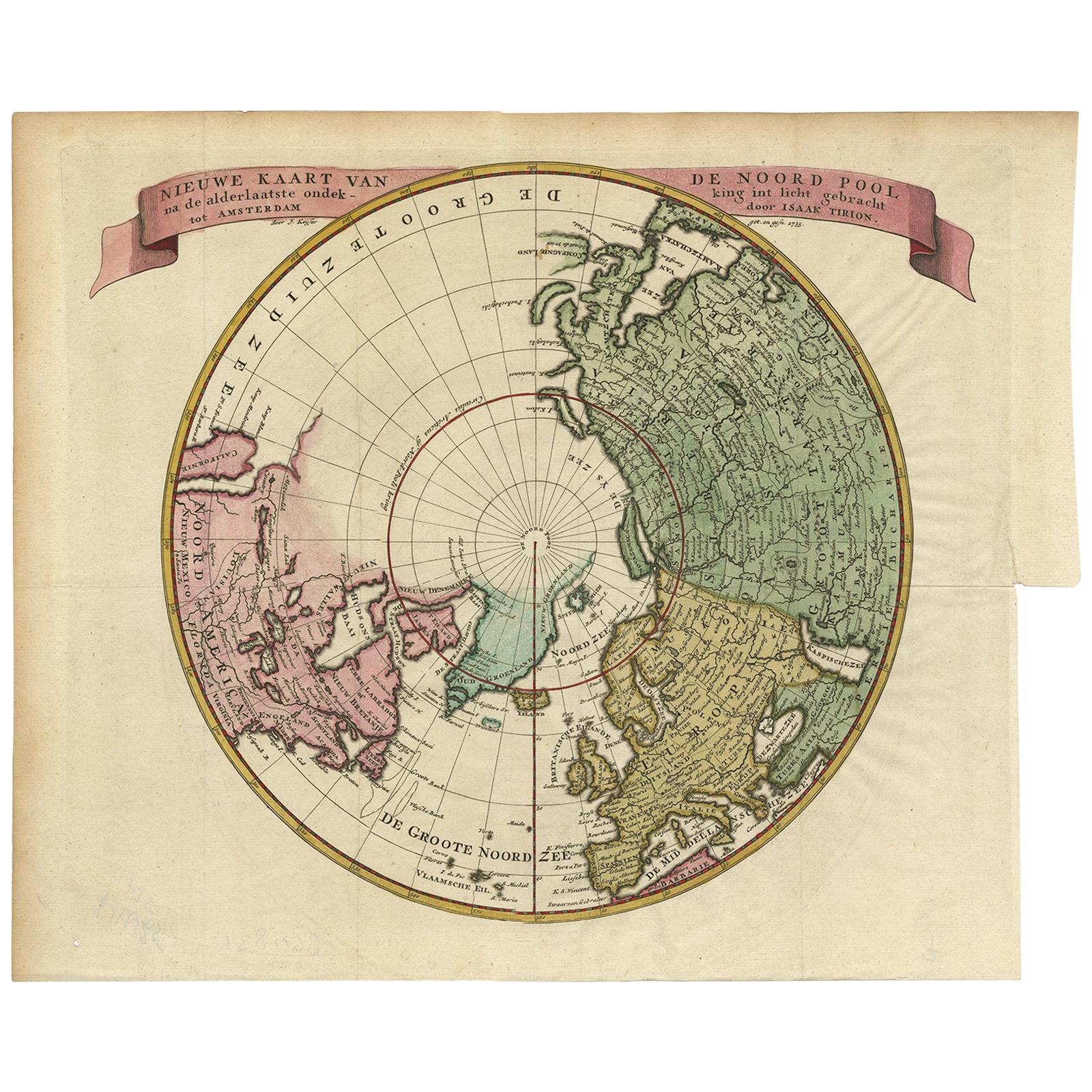 Antique Map of the Northern Hemisphere and North Pole by Tirion, circa 1754 For Sale