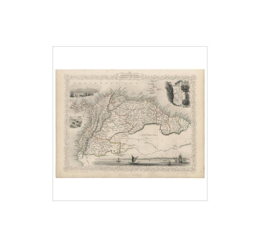 Carte ancienne de la partie nord de l'Amérique du Sud par J. Tallis, vers 1851 Bon état - En vente à Langweer, NL