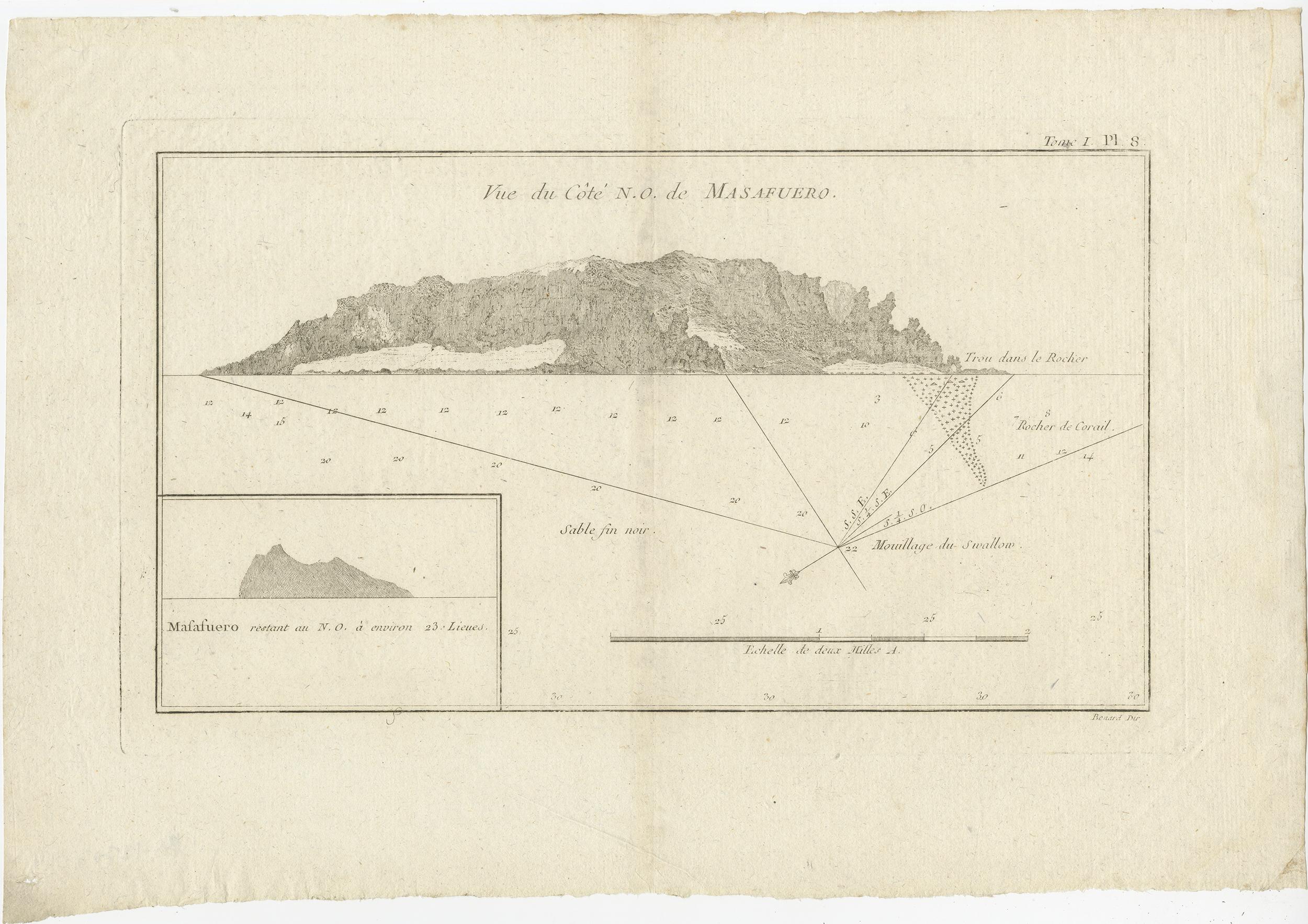 Antique map titled 'Vue de Cote N.O. de Masafuero'. Profile view of the north-west coast of Masafuera Island (also called Alejandro Selkirk Island). It also shows the anchorage of the Swallow and depth soundings.

Published in an edition of John