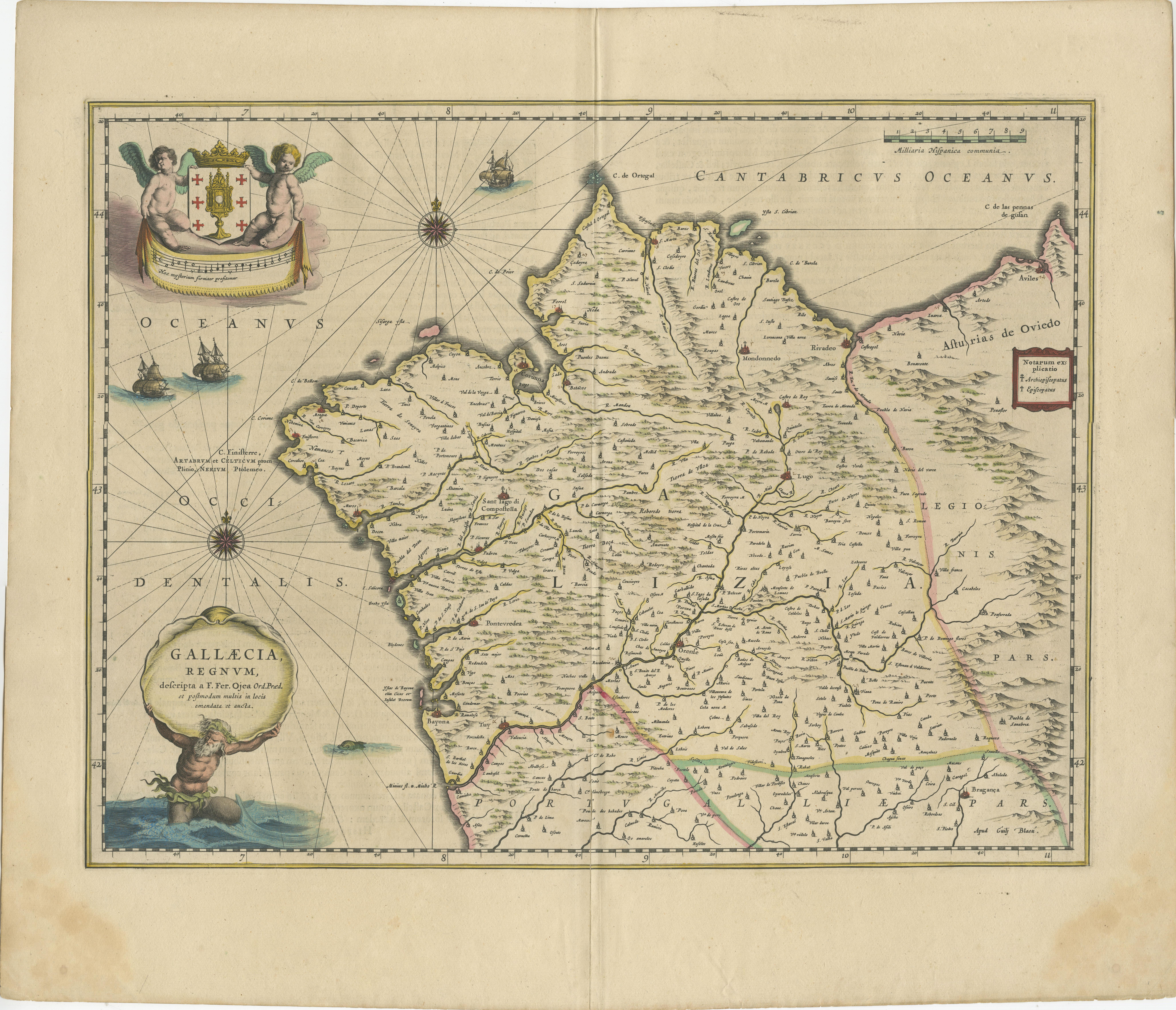 Antique map titled 'Gallaecia Regnum'. Original old map of the northwestern coast of Spain, extending from the Asturias de Oviedo region and Aviles in the Northeast to Bayona and the Portugese border on the South, centered on Santiago di