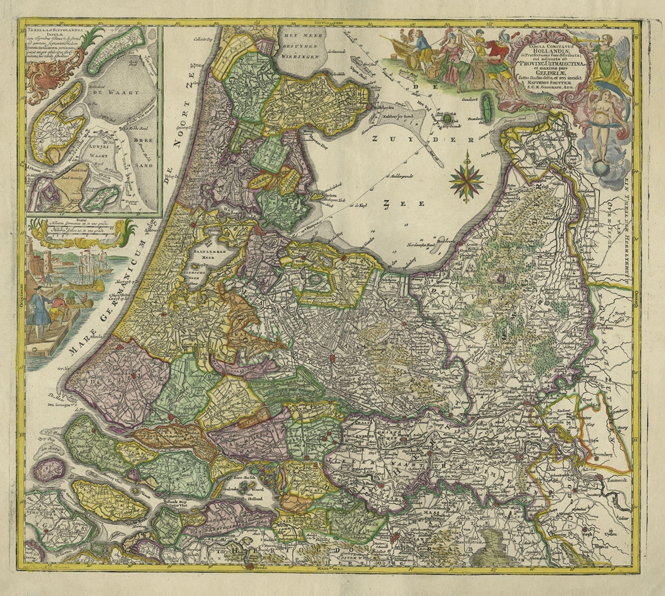 Carte ancienne du nord-ouest des Pays-Bas, incl Texel et Vlieland, vers 1741 Bon état - En vente à Langweer, NL