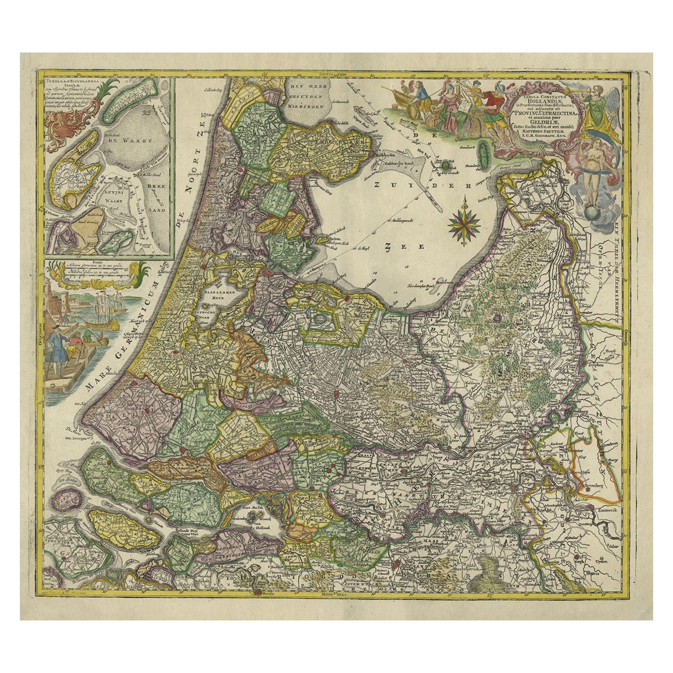 Carte ancienne du nord-ouest des Pays-Bas, incl Texel et Vlieland, vers 1741