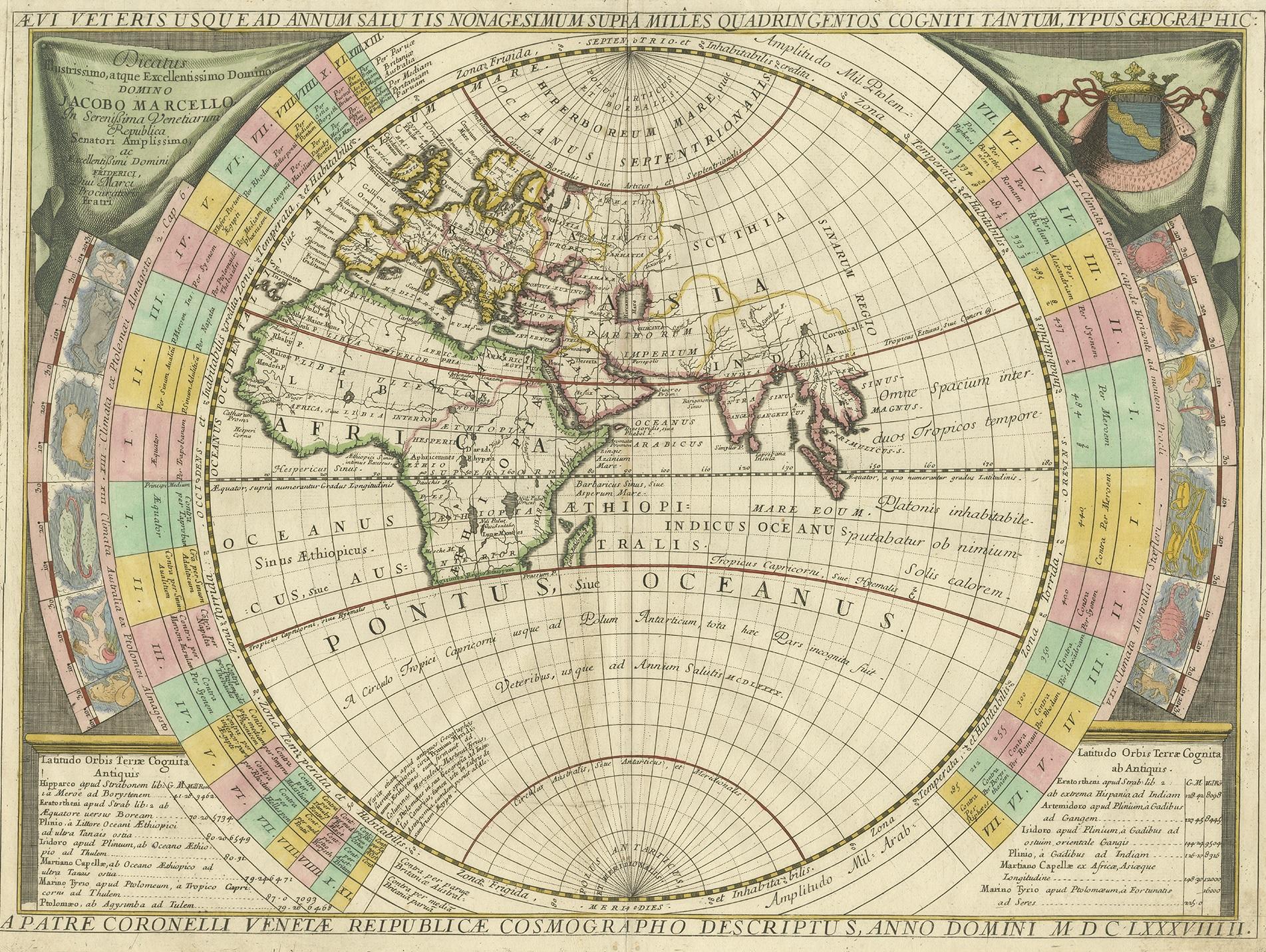 Antique map titled 'Dicatus Illustrissimo atque Excellentissimo Domino (..)'. Fine example of Coronelli's map of the Old World, dedicated to Jacobo Marcello. Coronelli bases his map on classical geography, as known at the time of Ptolemy, Strabo and