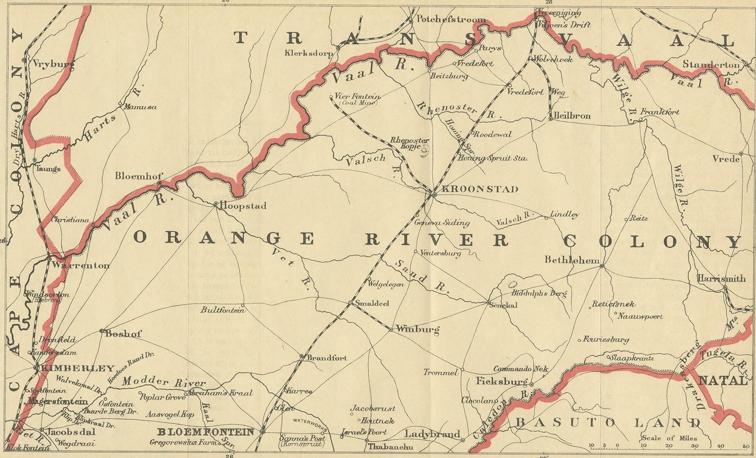 Antique map titled 'Orange River Colony, northern part'. Lithograph of the northern part of the Orange River Colony, Africa. The Orange River Colony was the British colony created after Britain first occupied (1900) and then annexed (1902) the