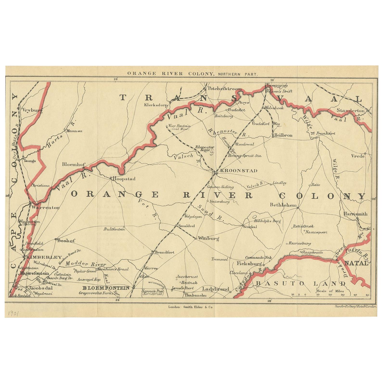 Antique Map of the Orange River Colony in South Africa, 1901 For Sale