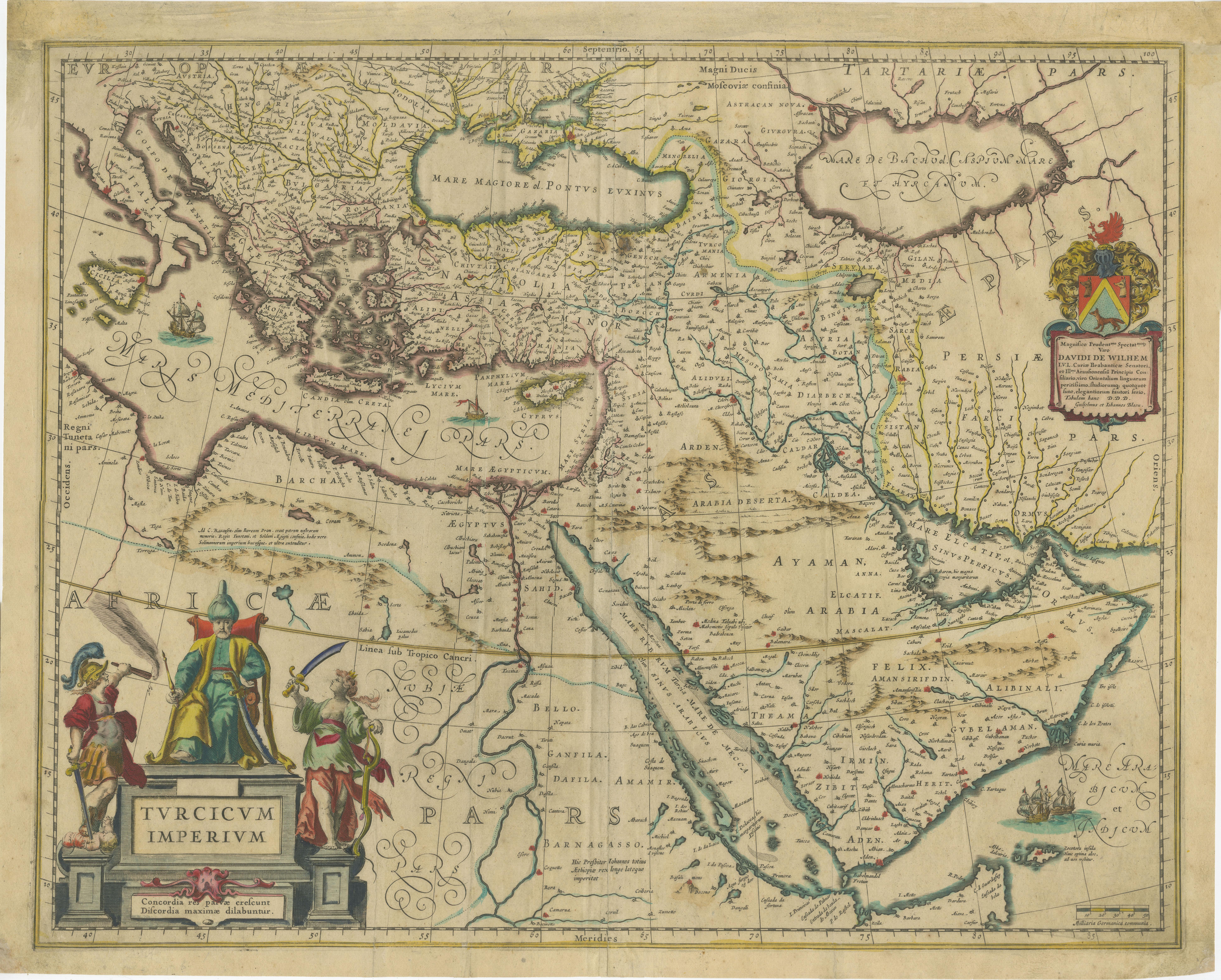 The antique map titled 'Turcicum Imperium' is an original old map of the Ottoman Empire, historically and colloquially known as the Turkish Empire. Here are the key features and details of the map:

1. **Geographic Coverage**:
   - The map covers a