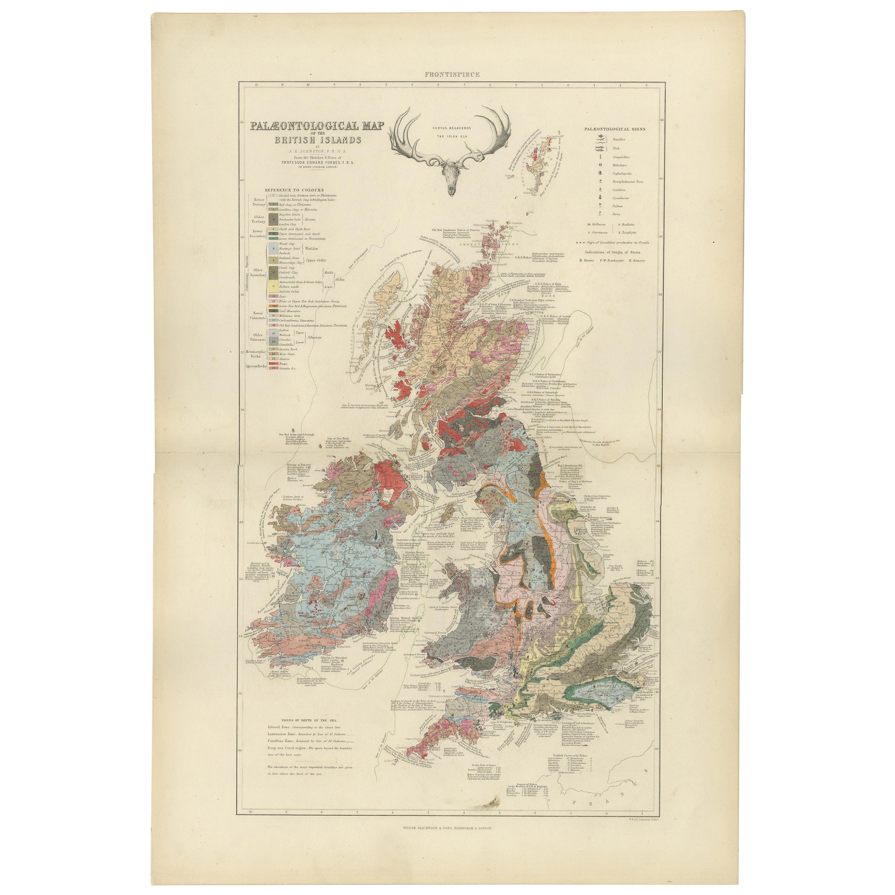 Antike antike Karte der Palaeontologie der britischen Inseln von Johnston aus dem Jahr 1850