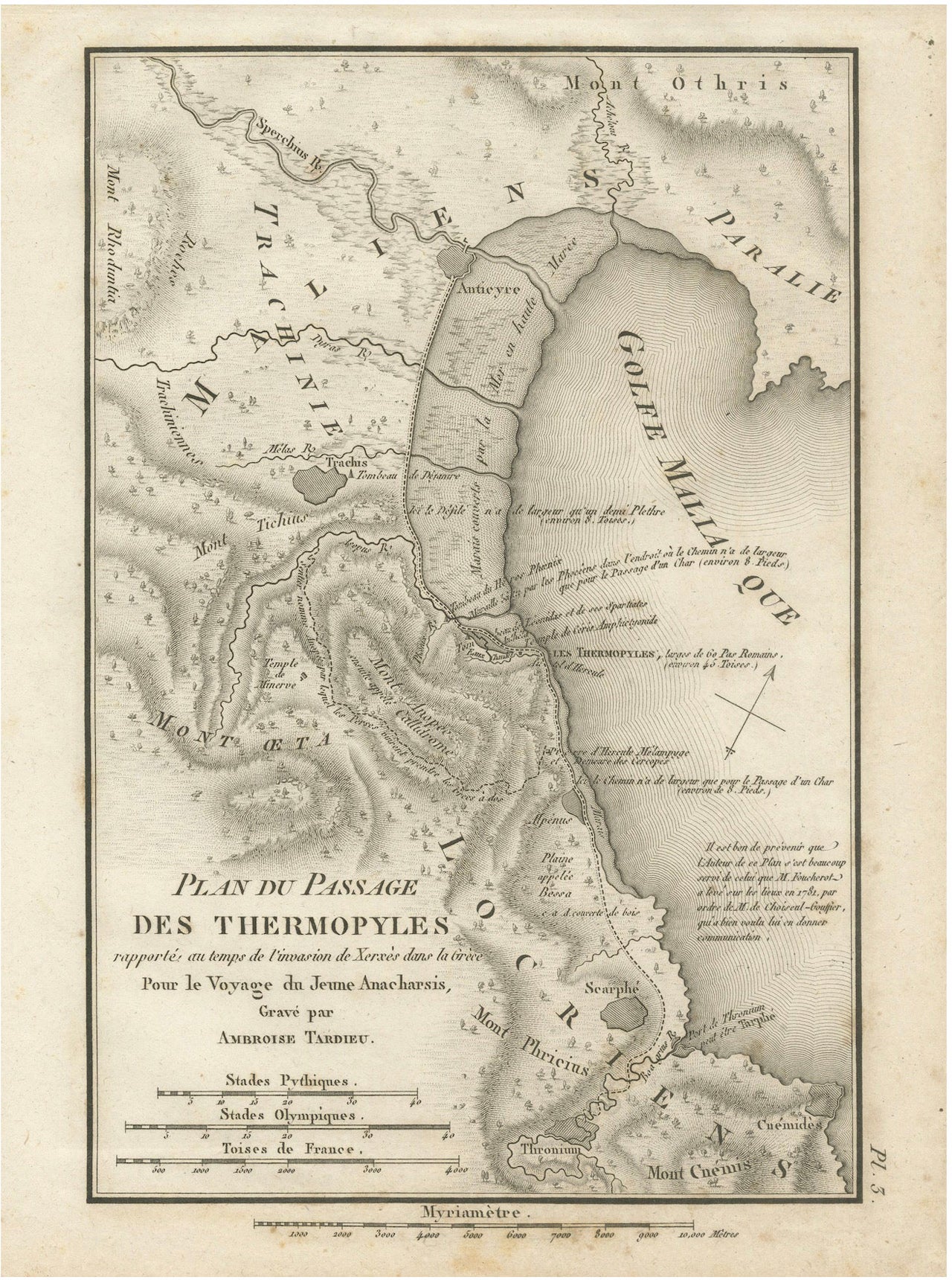 Antique Map of the Pass of Thermopylae by Ambroise Tardieu, 1825