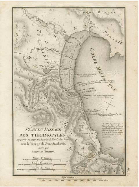 Antique Map of the Pass of Thermopylae by Ambroise Tardieu, 1825