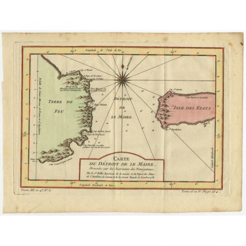 Antique print, titled: 'Carte du Detroit de le Maire (…)' - This chart illustrates the important passage between the Atlantic and Pacific oceans. Jacob Le Maire and Willem Schouten discovered the strait in 1616, which was a much less treacherous