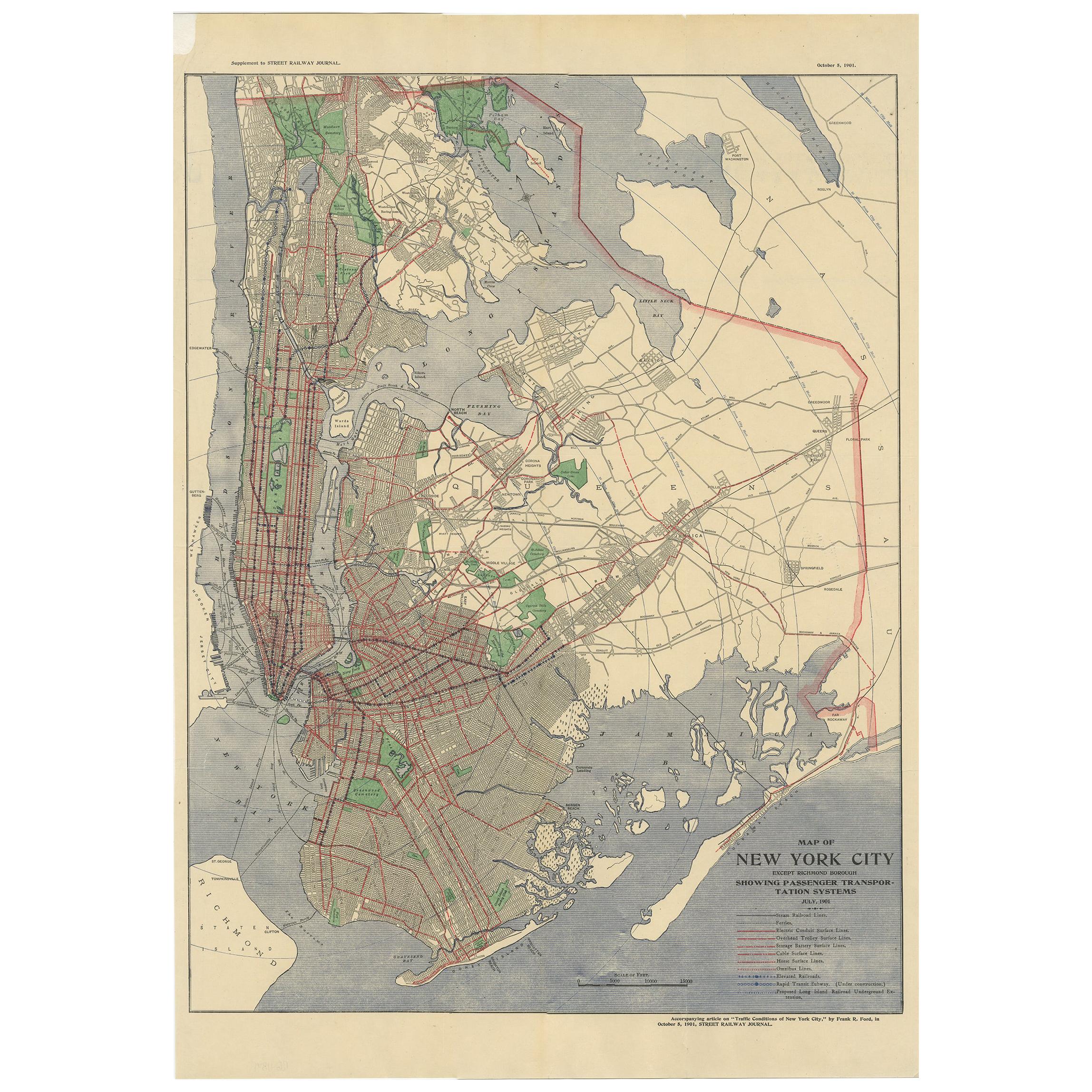 Antique Map of the Passenger Transportation Systems of New York, 1901 For Sale
