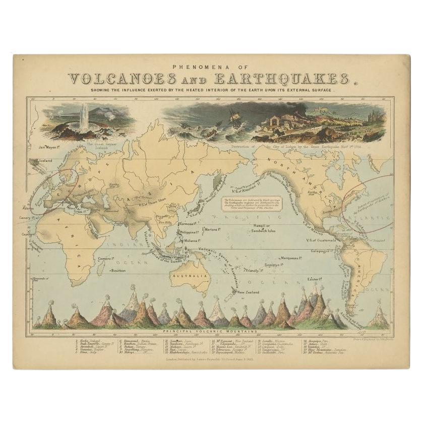 Carte ancienne des phénoménes des volcans et des tremblements de terre par Reynolds, 1852 en vente