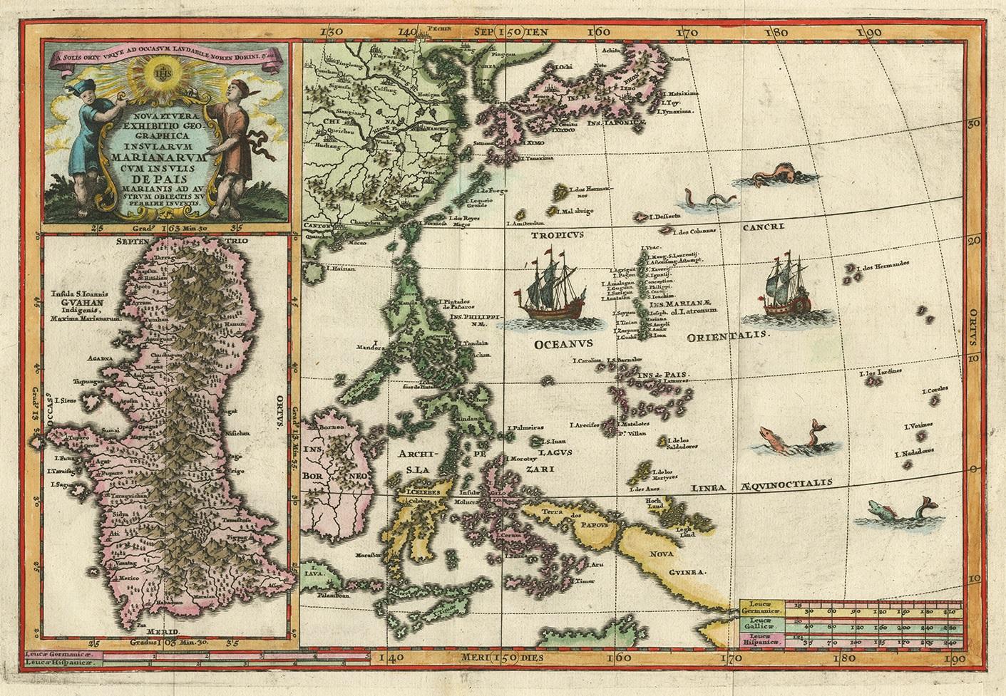 Antique map titled 'Nova et Vera Exhibitio Geographica Insularum Marianarum (..)'. Rare and very attractive map of the Mariana Islands, Philippines, Korea, Japan and Indonesia with an inset of the island Guam. Published by H. Scherer, circa 1702.