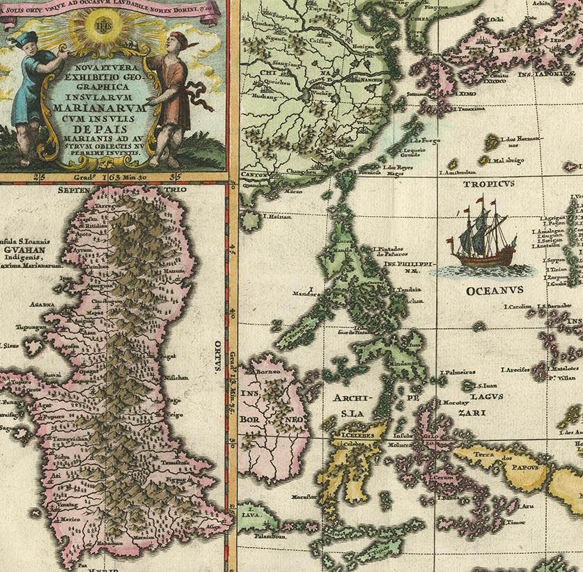 Carte ancienne des Philippines et de Guam par Scherer, vers 1702 Bon état - En vente à Langweer, NL