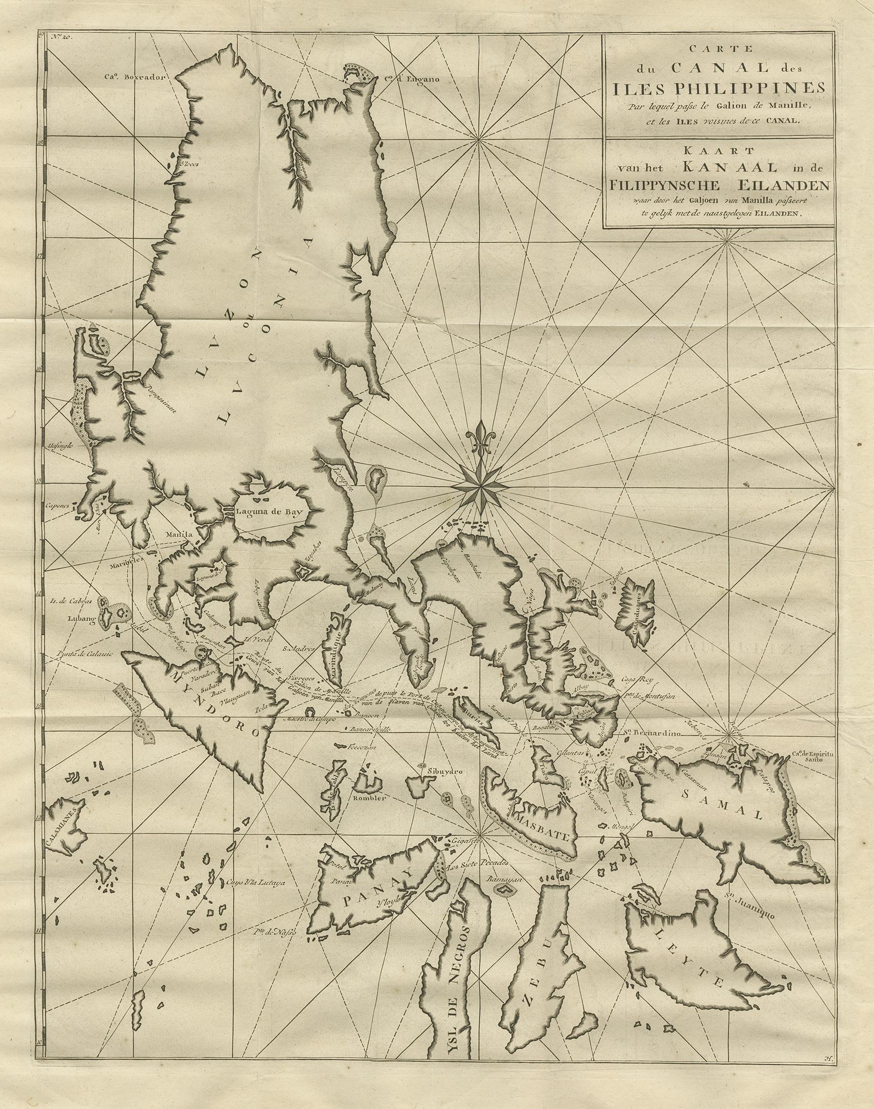 Antique map titled 'Carte du Canal des Iles Philippines - Kaart van het Kanaal in de Filippynsche Eilanden'. Large detailed chart of the islands of the Philippines. One of the most detailed charts of the Philippines of the era. Shows Islands, bays,