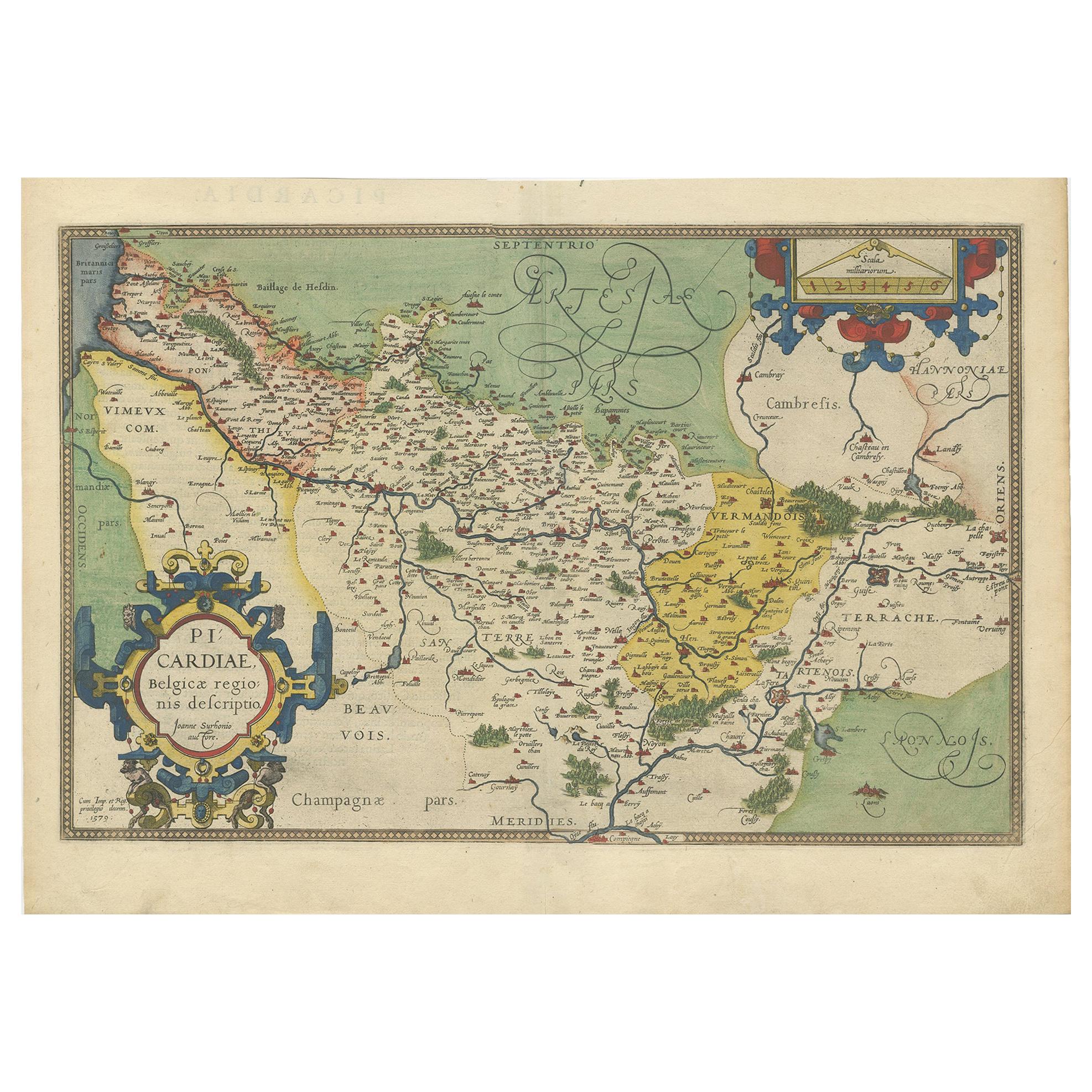 Antique Map of the Picardy Region of France by Ortelius, 'circa 1590' For Sale