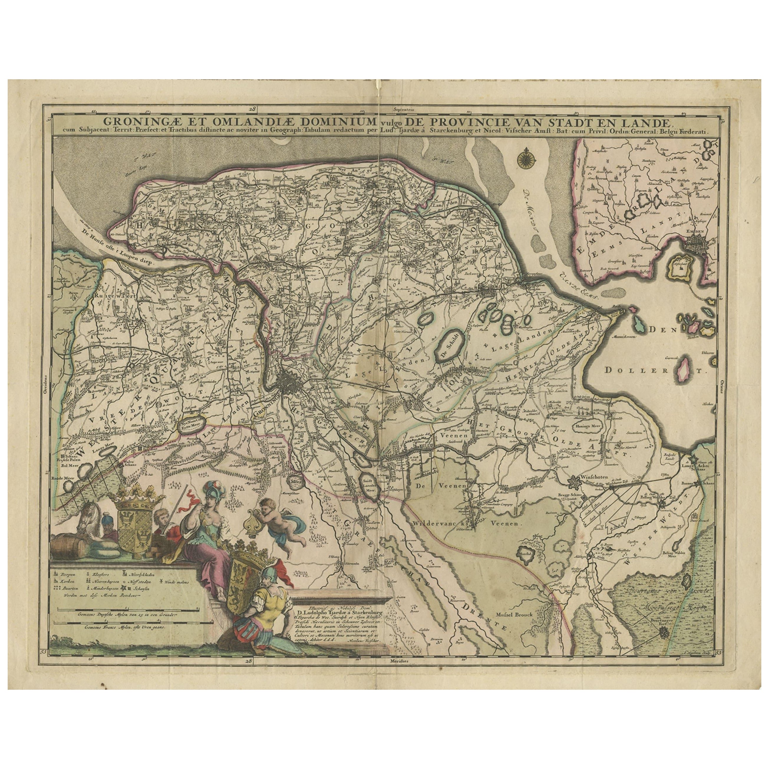 Carte ancienne de la province de Groningen aux Pays-Bas, vers 1680