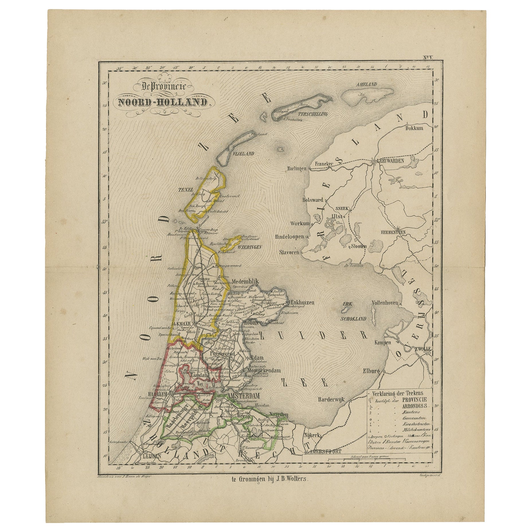 Carta geografica antica della provincia di Noord-Holland nei Paesi Bassi, 1864