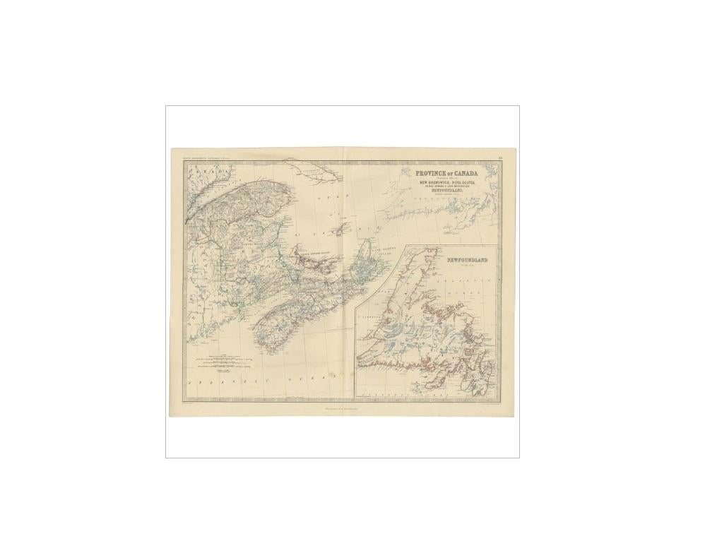 Antique map titled 'Province of Canada (Eastern Sheet)'. Depicting New Brunswick, Newfoundland, Cape Breton Island, Prince Edward Island, Nova Scotia and more. This map originates from the ‘Royal Atlas of Modern Geography’ by Alexander Keith