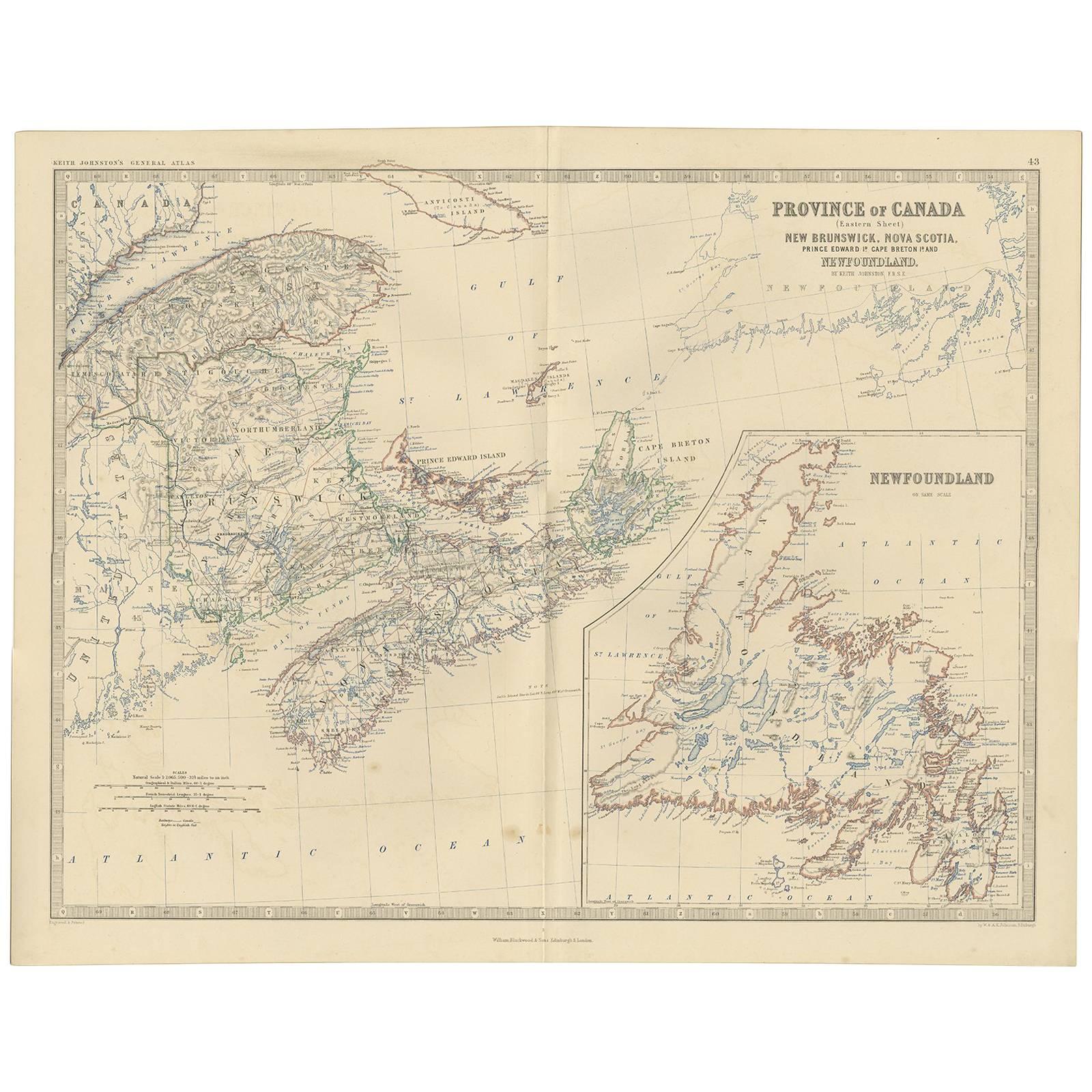 Antique Map of the Province of Canada 'East' by A.K. Johnston, 1865 For Sale
