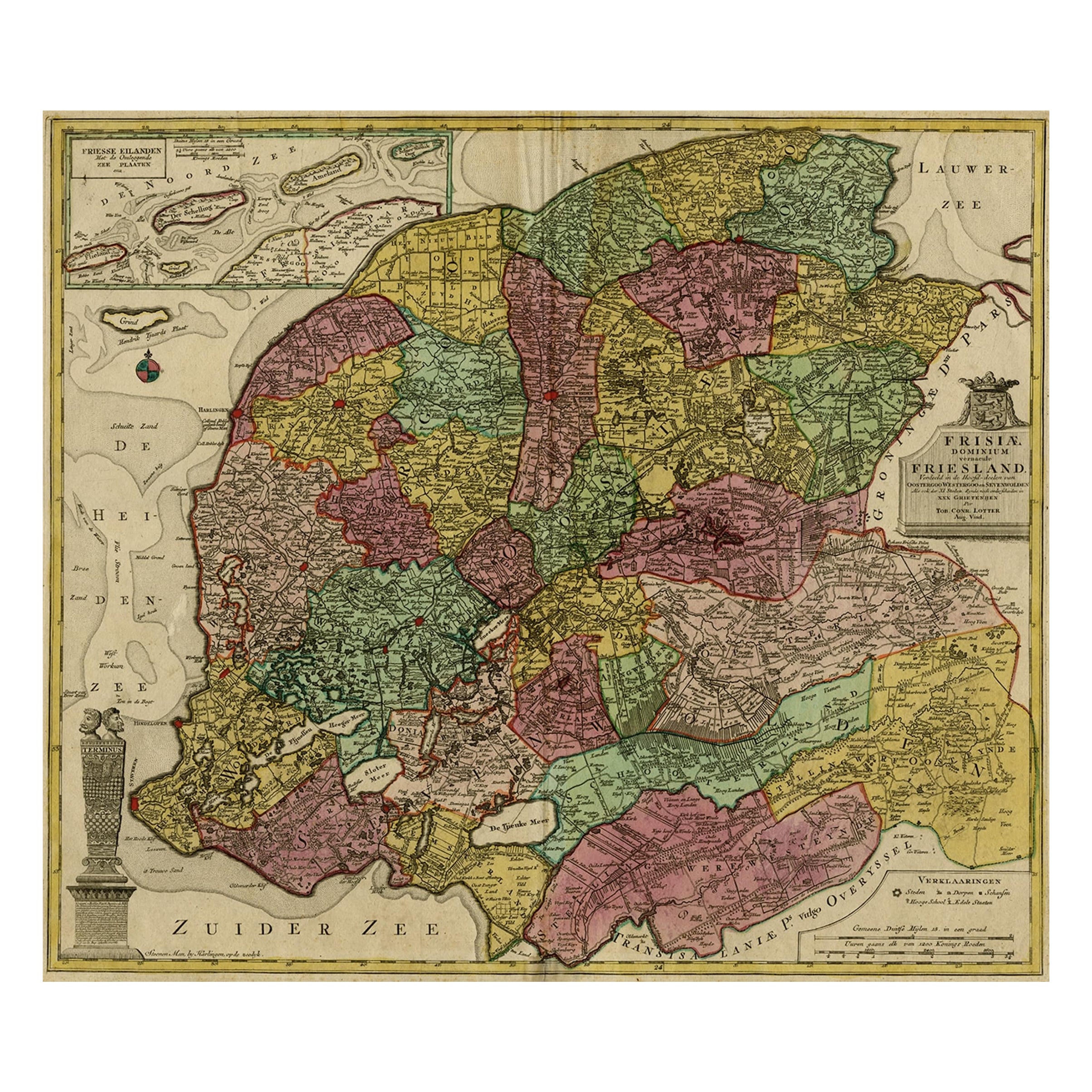 Carte ancienne de la province du Friesland, aux Pays-Bas, vers 1760