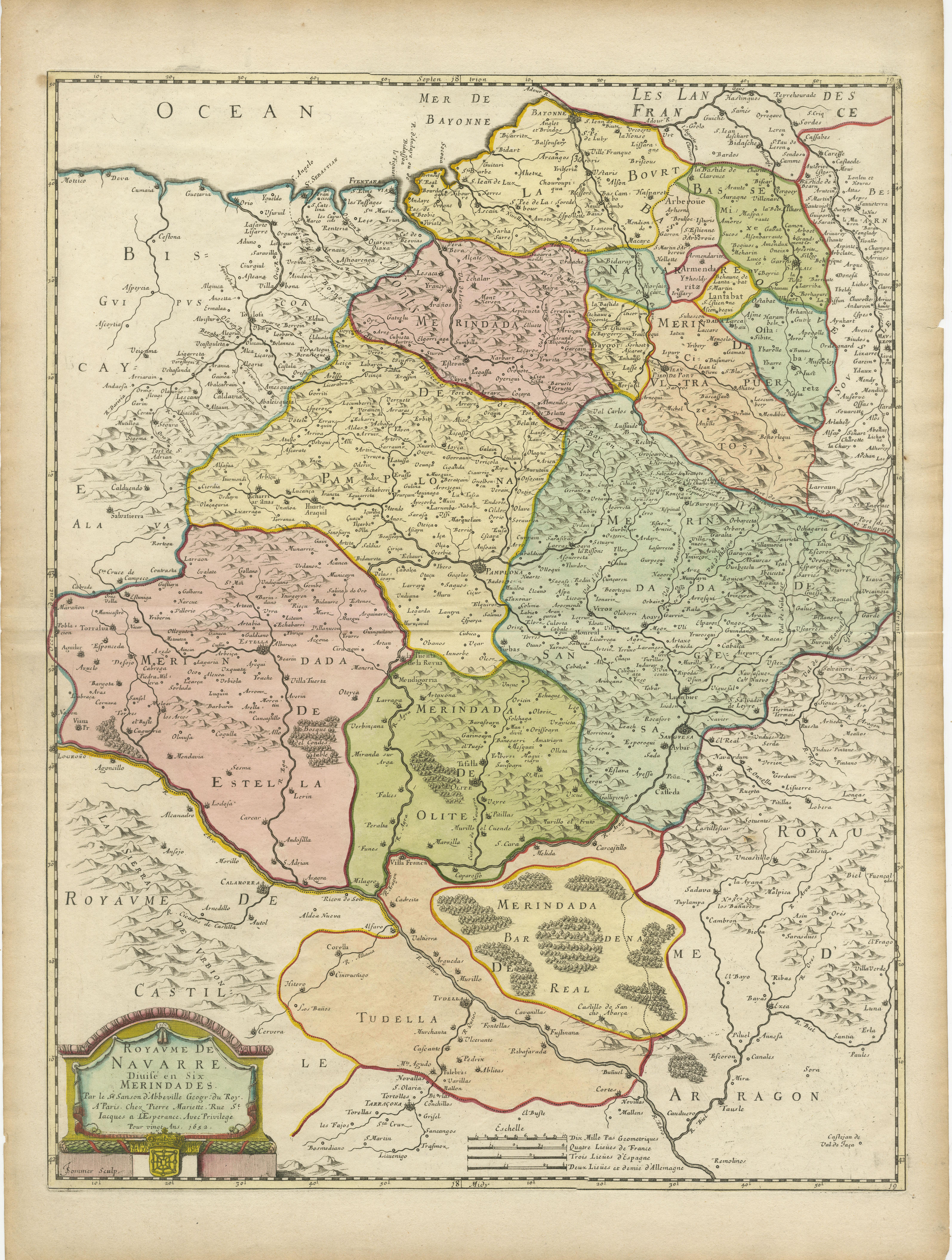 Antike Karte mit dem Titel 'Royaume de Navarre (..)'. Dekorative Karte der Provinz Navarra (spanisch: Navarra) in Nordspanien mit der Stadt Pamplona im Zentrum. Herausgegeben von N. Sanson, 1652. 

Nicholas Sanson (1600-1667) gilt als Vater der