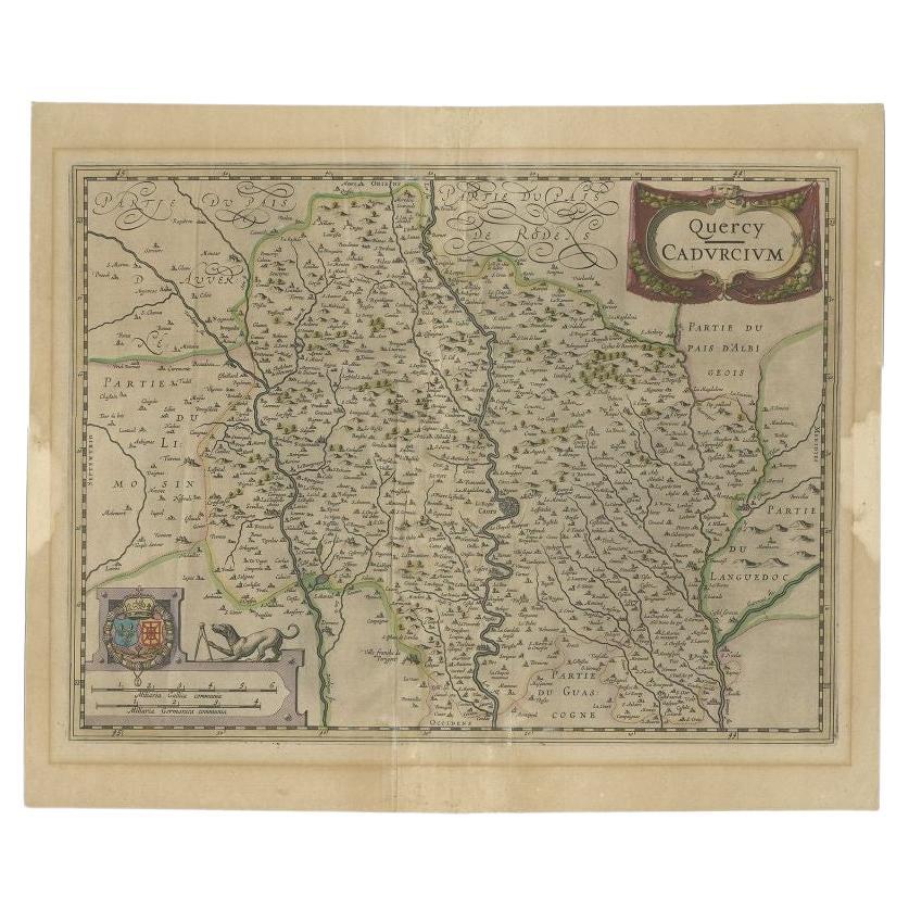 Antique map titled 'Quercy Cadurcium'. Old map of the region of Quercy, France. Quercy is a former province of France, the present-day department of Lot, the northern half of the department of Tarn-et-Garonne, and a few communities in the