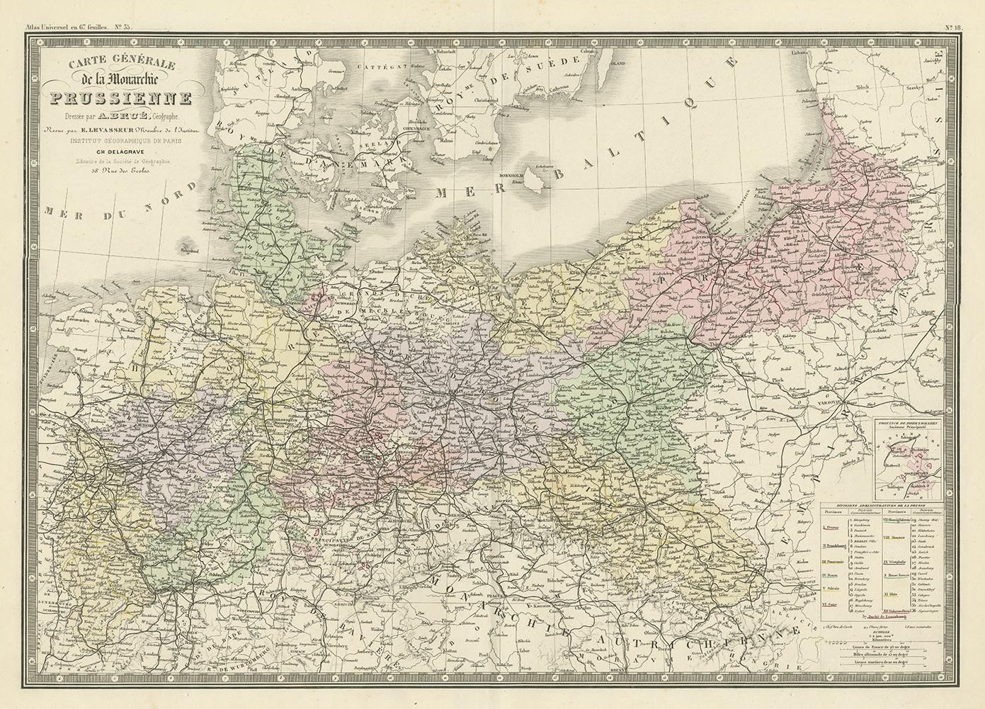 Antique map titled 'Carte générale de la Monarchie Prussienne (..)'. Large map of the Prussian Monarchy. This map originates from 'Atlas de Géographie Moderne Physique et Politique' by A. Levasseur. Published 1875.