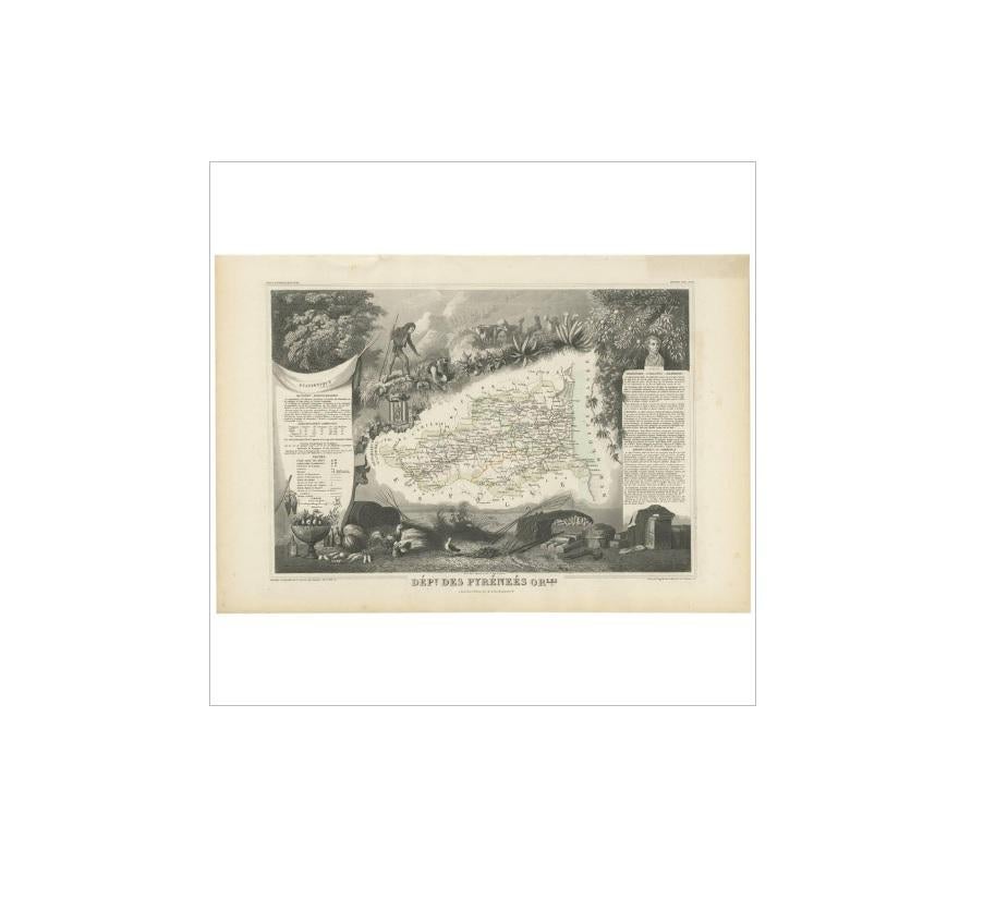 Antique map titled 'Dépt. des Pyréneés Orles'. Map of the French department of Pyrenees Orientales, France. This area is a well-known wine producing region. A wide variety of wines come out of this region, including the famous Muscat wine. This wine