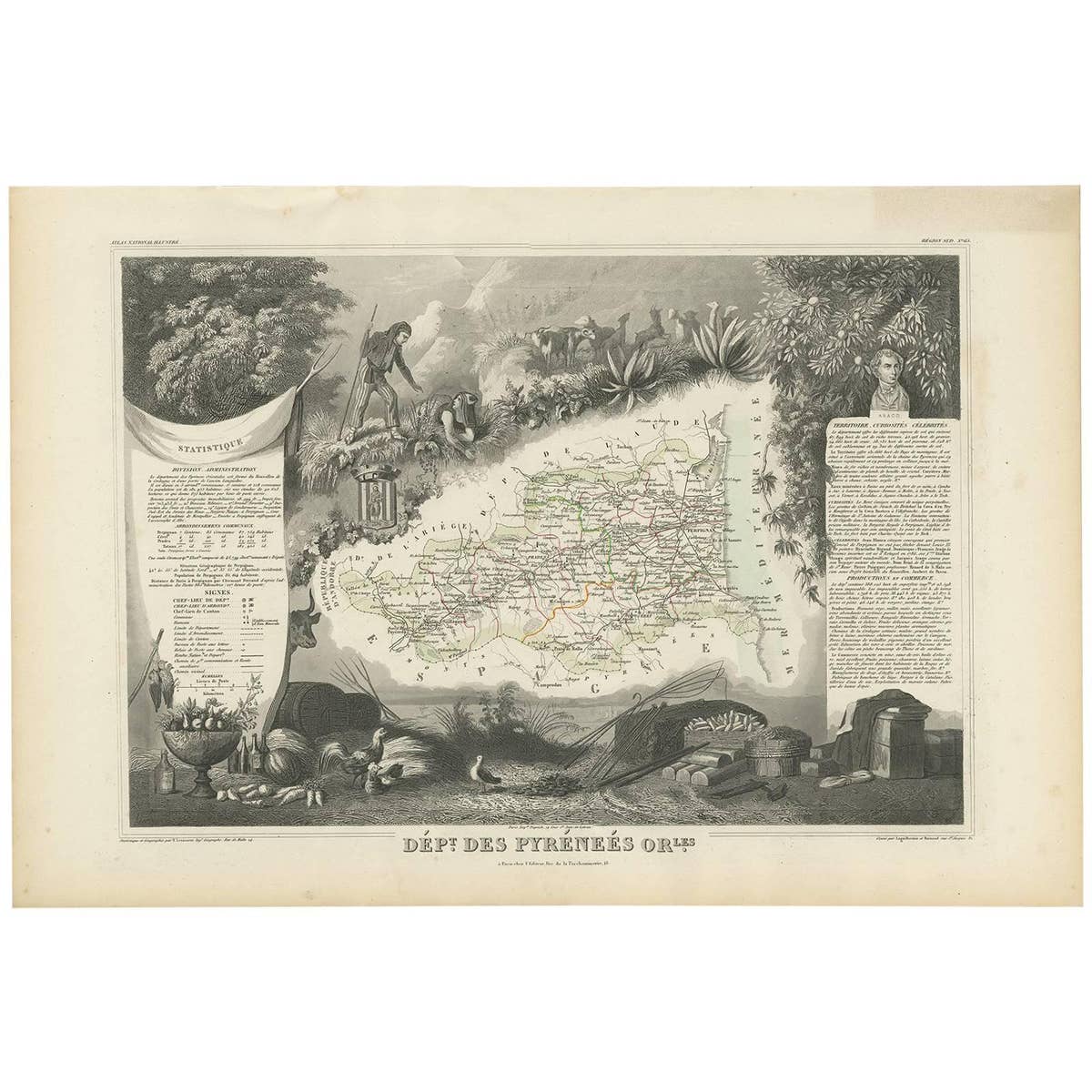 Antique Map of the Pyrenees Orientales 'France' by V. Levasseur, 1854