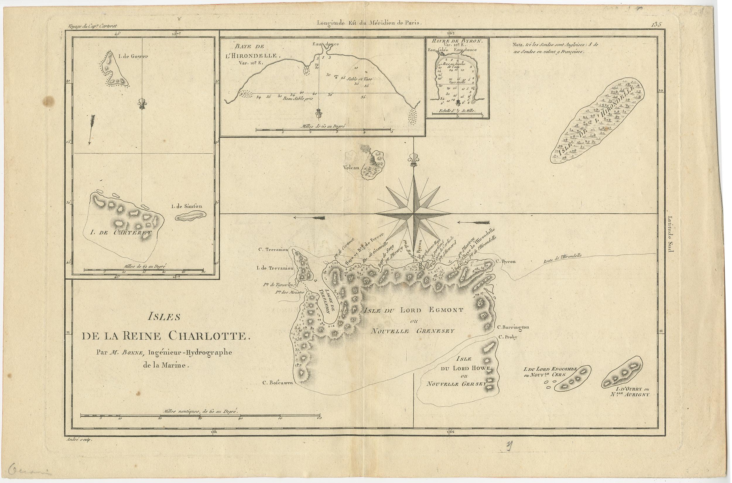 Antique map titled 'Isles de la Reine Charlotte (..)'. Original old map of the Queen Charlotte Islands, based upon the explorations of James Cook, Juan Perez, and other contemporary European explorers. The map shows only partial coastal detail along