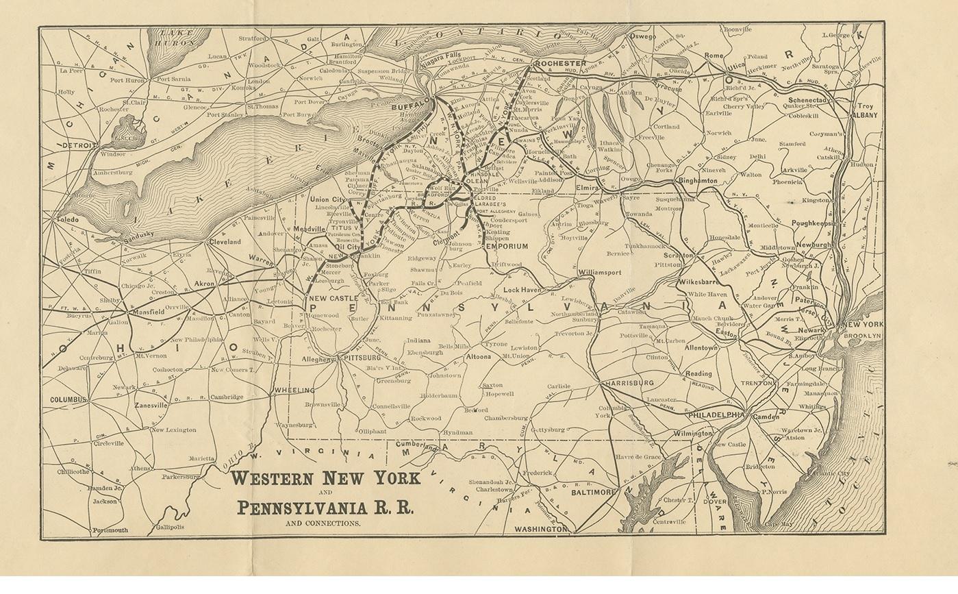 Antique map titled 'Western New York and Pennsylvania R.R. and connections'. Lithographed railroad map of Western New York and Pennsylvania. Published circa 1890.