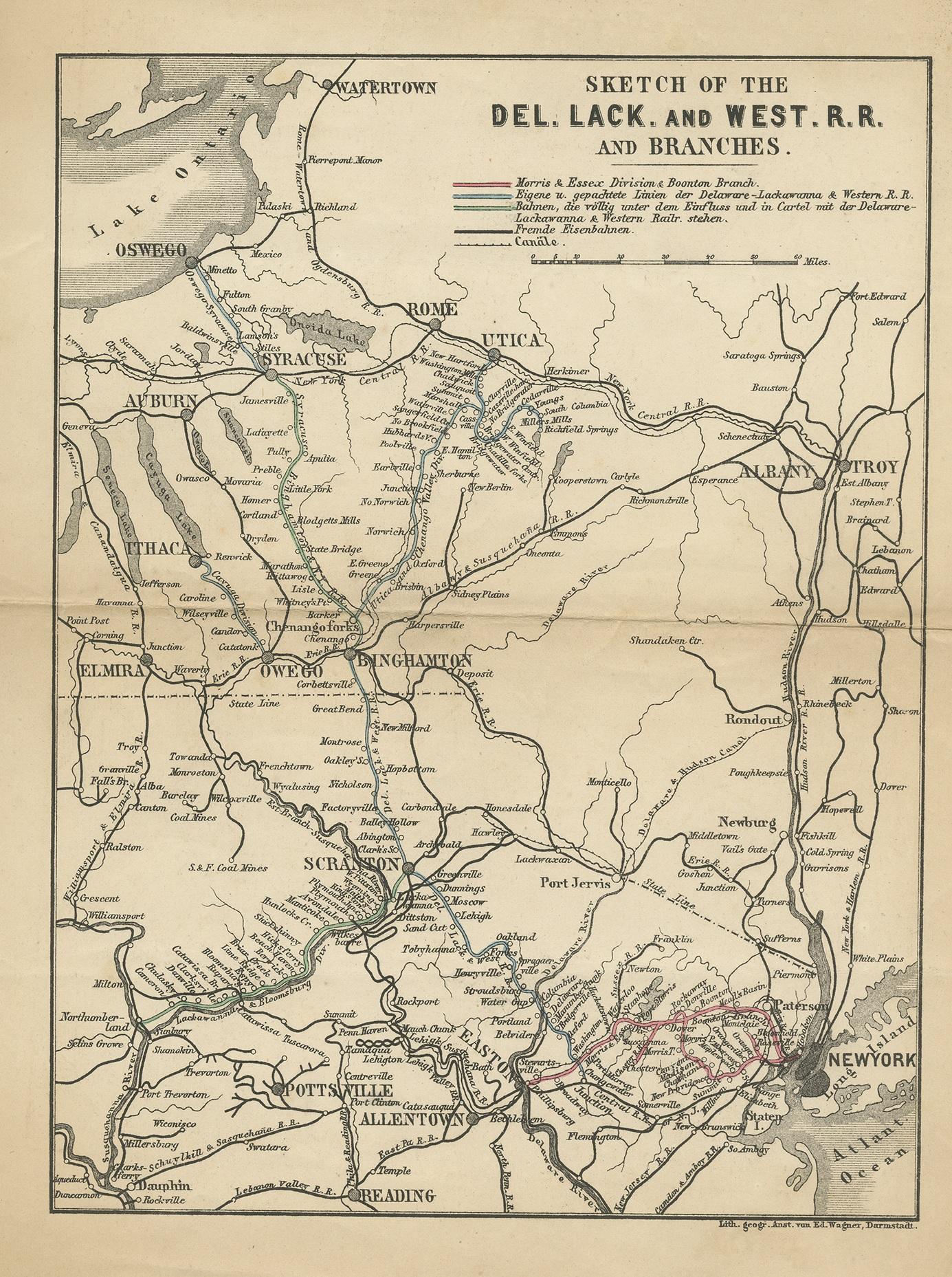 Antique map titled 'Sketch of the Del. Lack and West R.R. and Branches'. Lithographed map of the railway in the region of New York, Pottersville, Scranton, Ithaca, Oswego, Albany and Utica. Lithographed by Ed. Wagner Darmstadt.