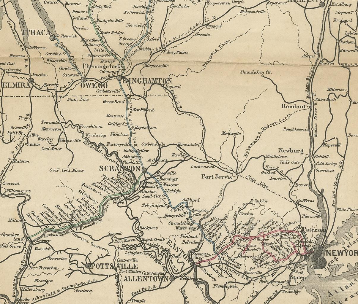 19th Century Antique Map of the Railway between New York and Oswego 'circa 1890'