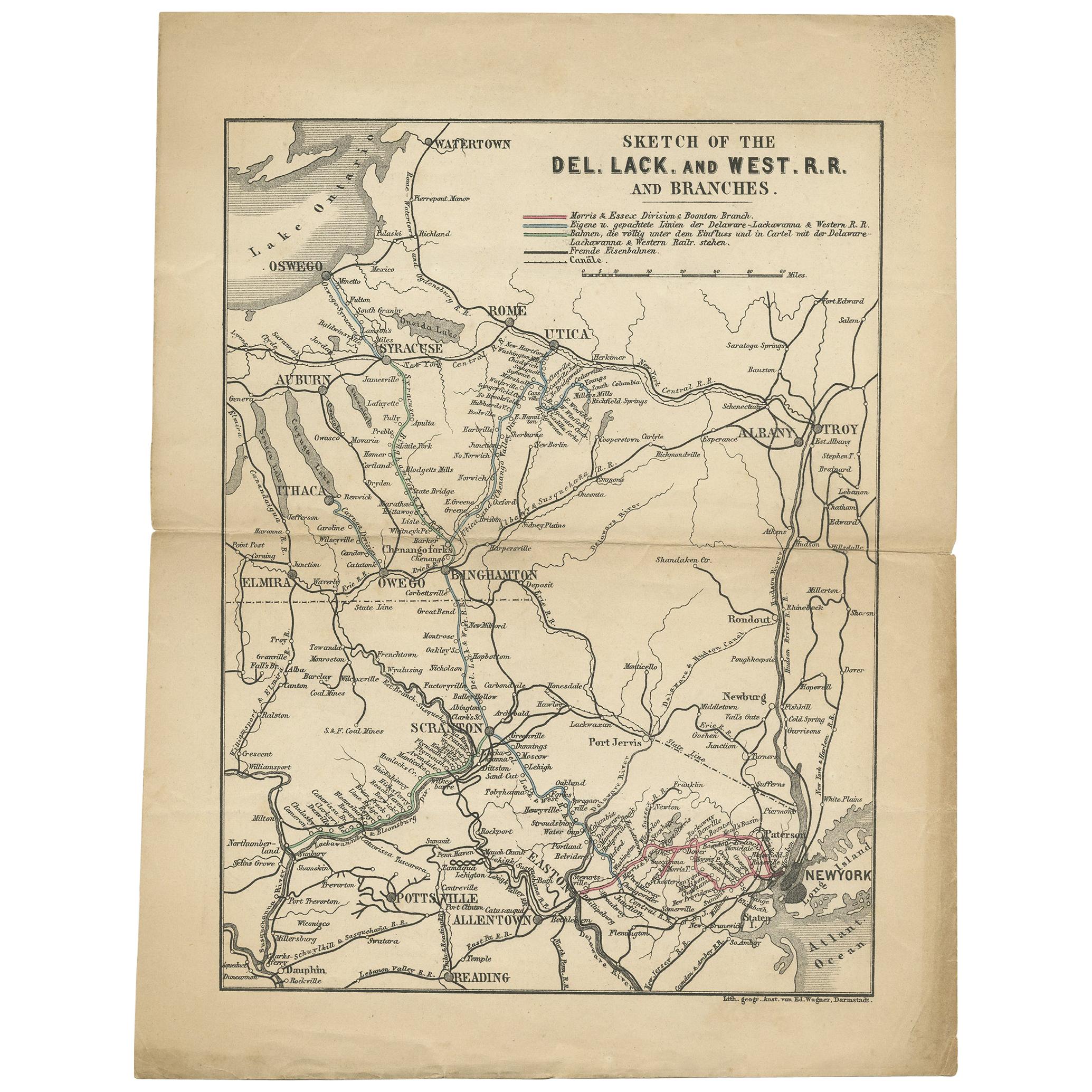 Antique Map of the Railway between New York and Oswego 'circa 1890'