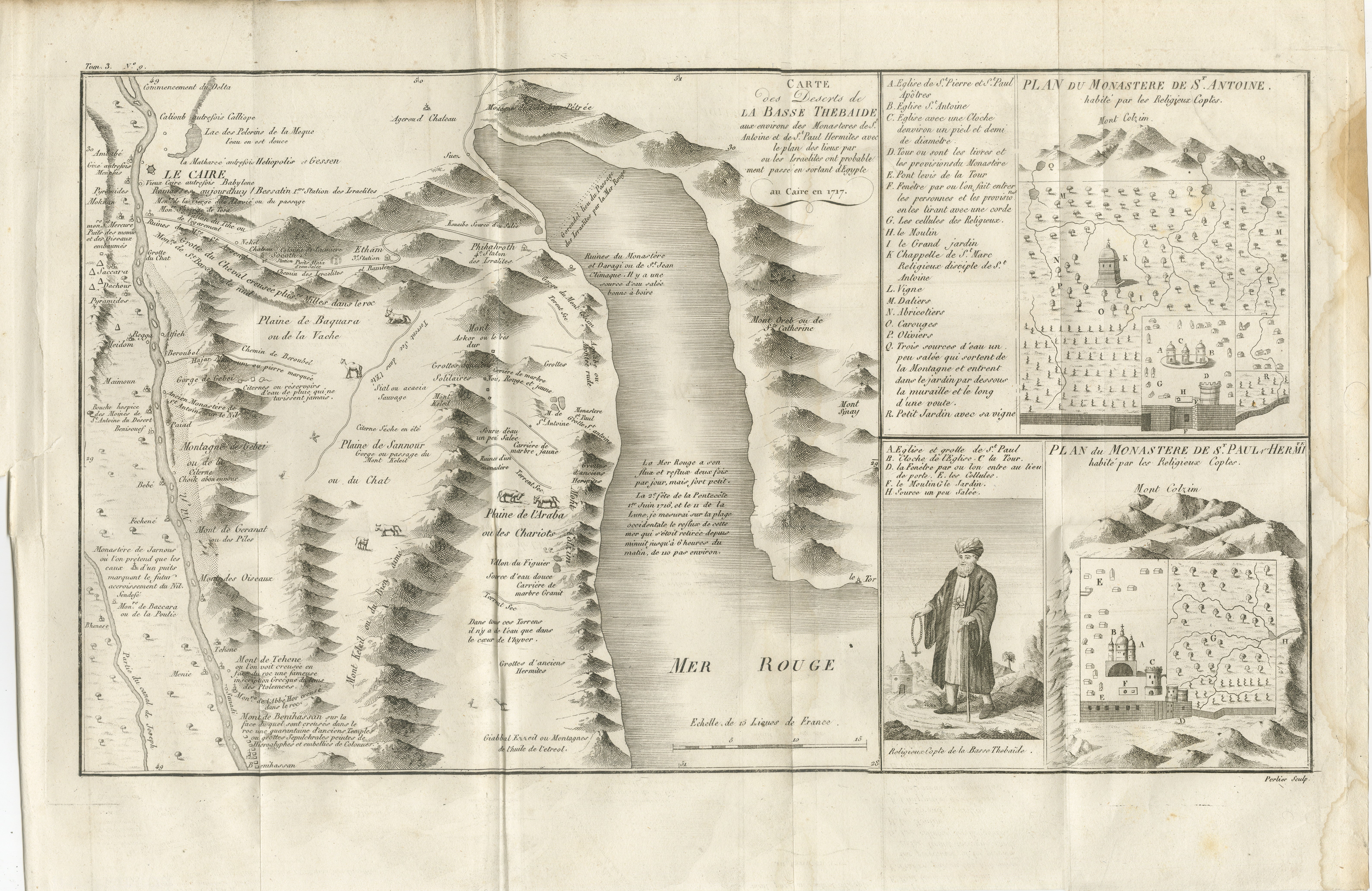 Carte ancienne de la mer Rouge et de la Basse Thébaïde avec plans de monastères, Egypte, 1777

Cette gravure finement détaillée du XVIIIe siècle décrit la géographie côtière et intérieure de la région égyptienne de la mer Rouge, avec un accent