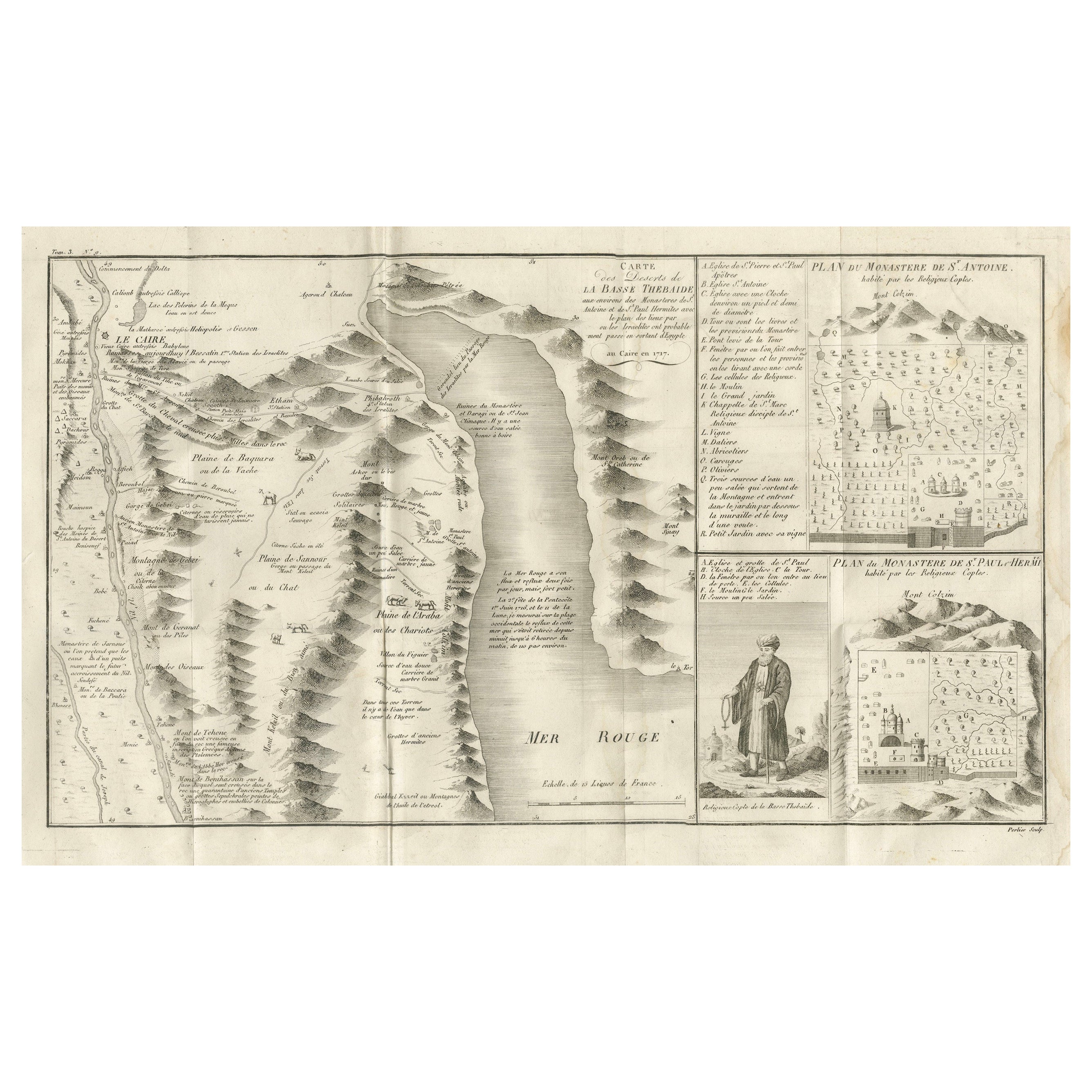 Carte ancienne de la mer Rouge et de la Basse Thébaïde avec plans de monastères, Egypte, 1777 en vente